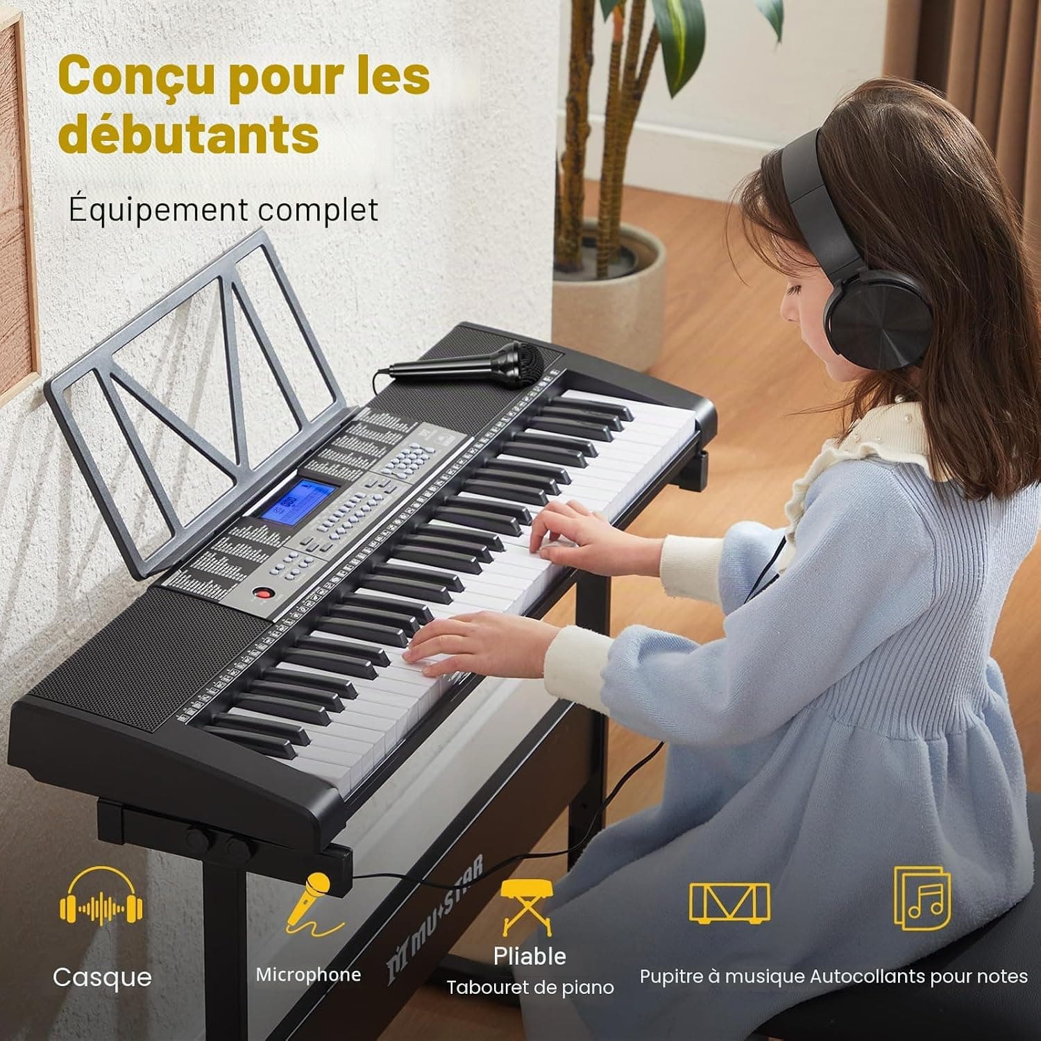 MUSTAR Piano à clavier lumineux 61 touches, clavier numérique pour débutants, piano électrique avec enseignement intelligent, support, tabouret, casque (Noir)