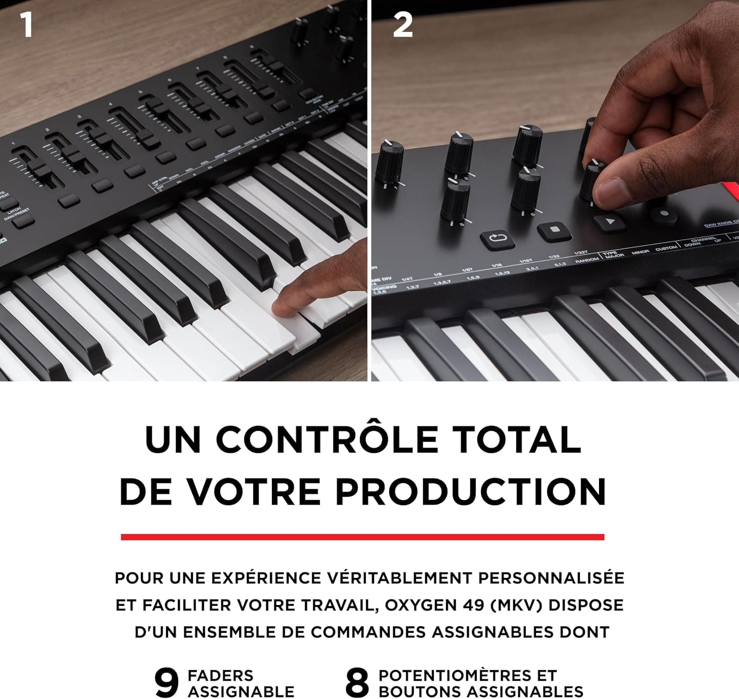 M-AUDIO Oxygen 49 MKV Controleur Clavier USB MIDI | 49 Touches Veloci-Sensibles, 8 Pads, 8 Boutons, 9 Faders et Logiciel DAW Inclus, pour Production Musicale