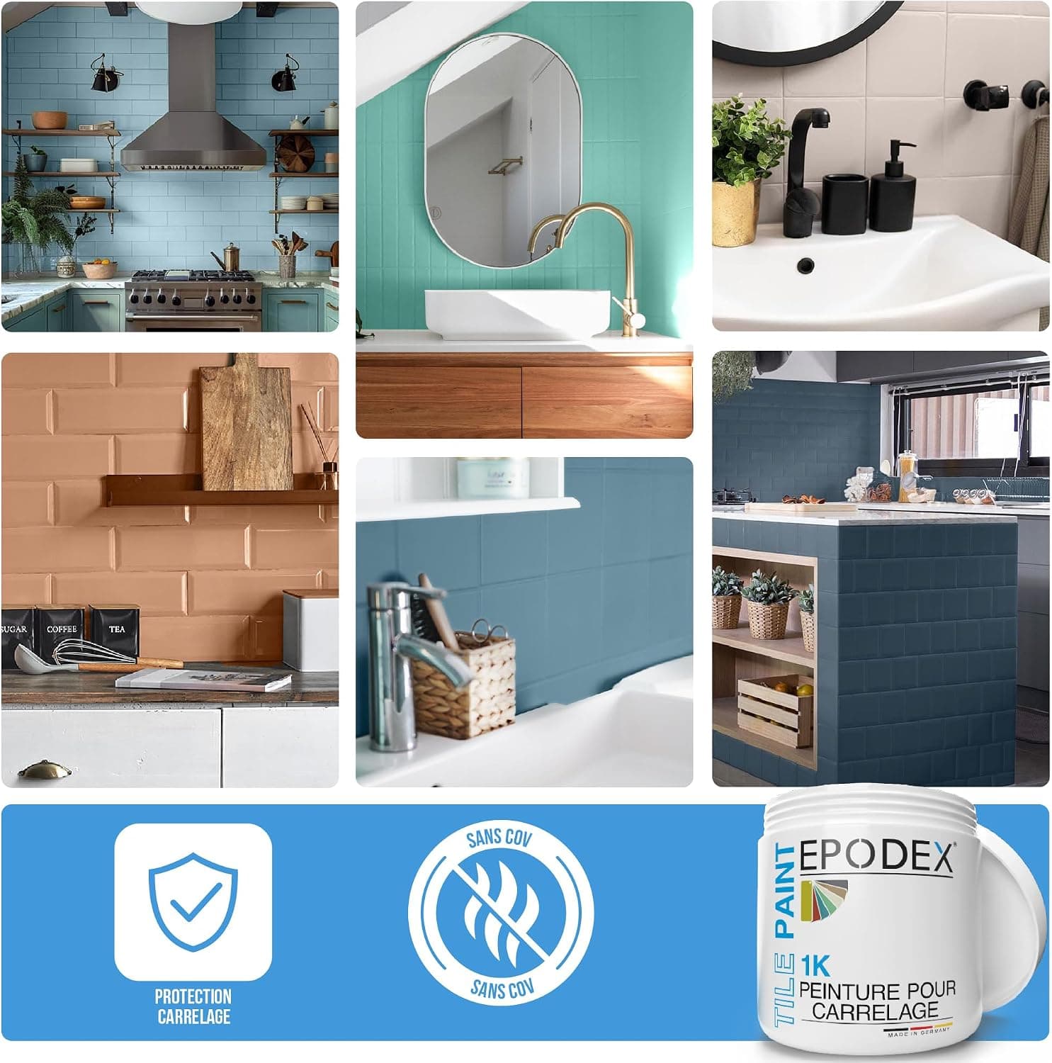 EPODEX 1K Peinture carrelage cuisine avec accessoires - Blanc Polaire | Vernis carrelage mur cuisine, salle de bain & plus, peinture satinée, 1 kg (une couche sur 8m2)