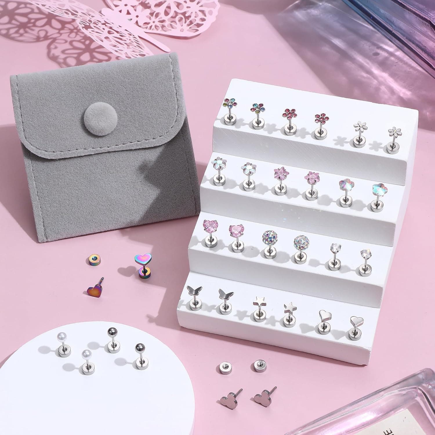 Diamday 16 Paires Boucles d'Oreilles à Vis pour Filles Femmes Acier Inoxydable Petit Cartilage Boucles d'Oreilles CZ Cœur Fleur Étoile Vis Dos Plat Boucles d'Oreilles Tragus Helix Bijoux Multicolore