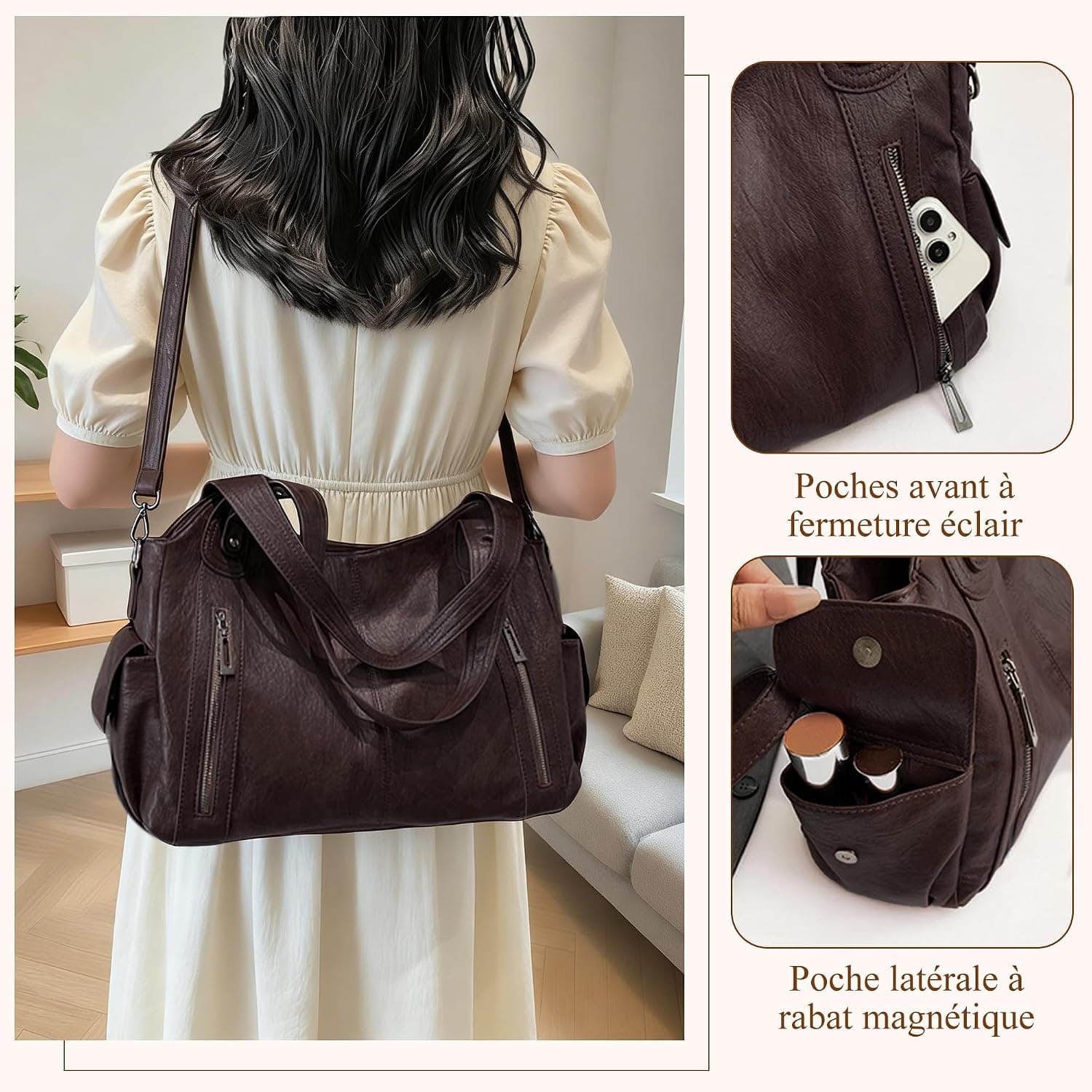 Sac À Main Femme PU, Sac Épaule Bandoulière, Cabas Moyen | Sac Moyen Femme Y2K Vintage, Style Rétro Élégant, Rigide Grande Capacité Pour Travail, Shopping, Voyage Quotidien