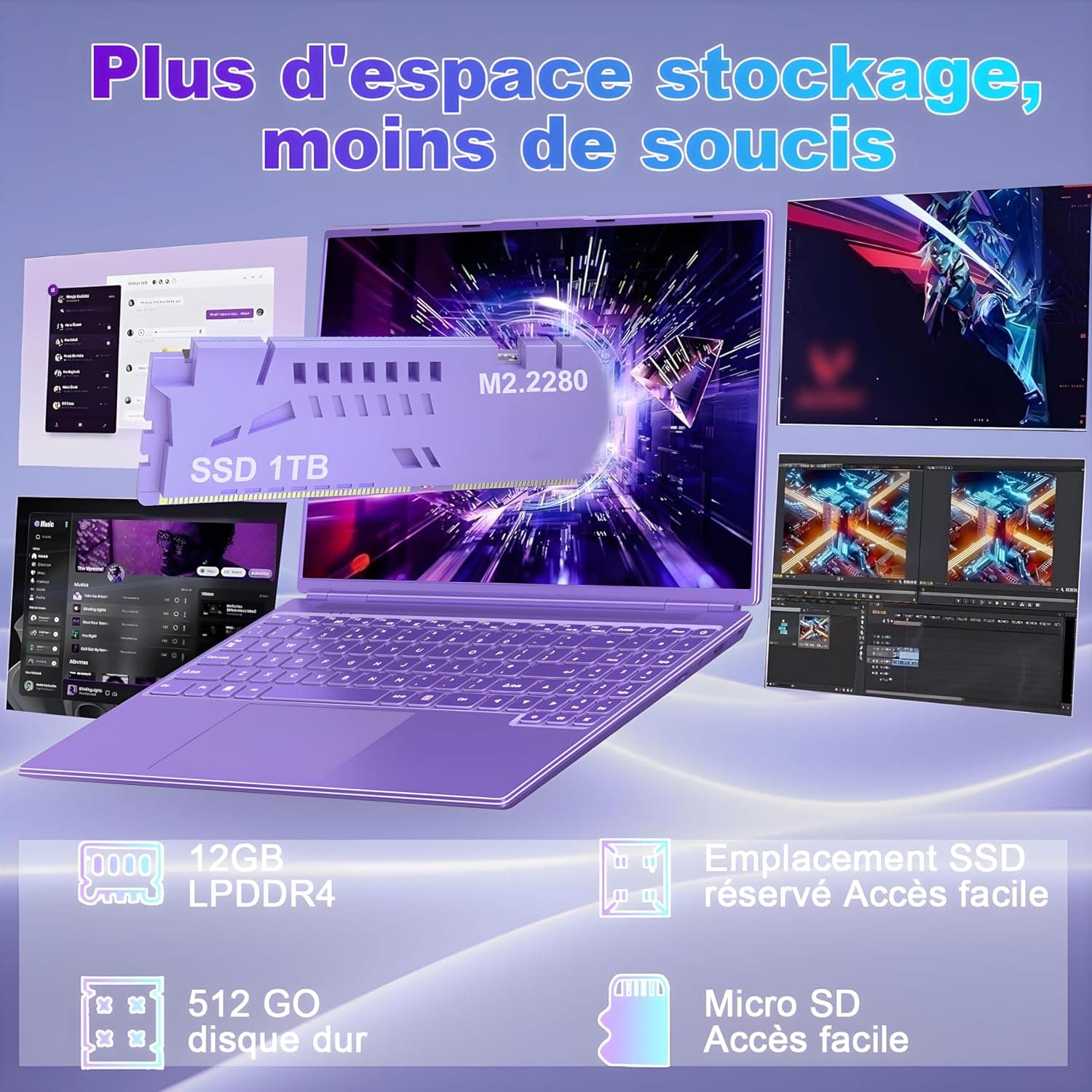 NOTODD Ordinateur Portable Gaming 16'' 12+512 Go SSD Soutien Extension 1TB