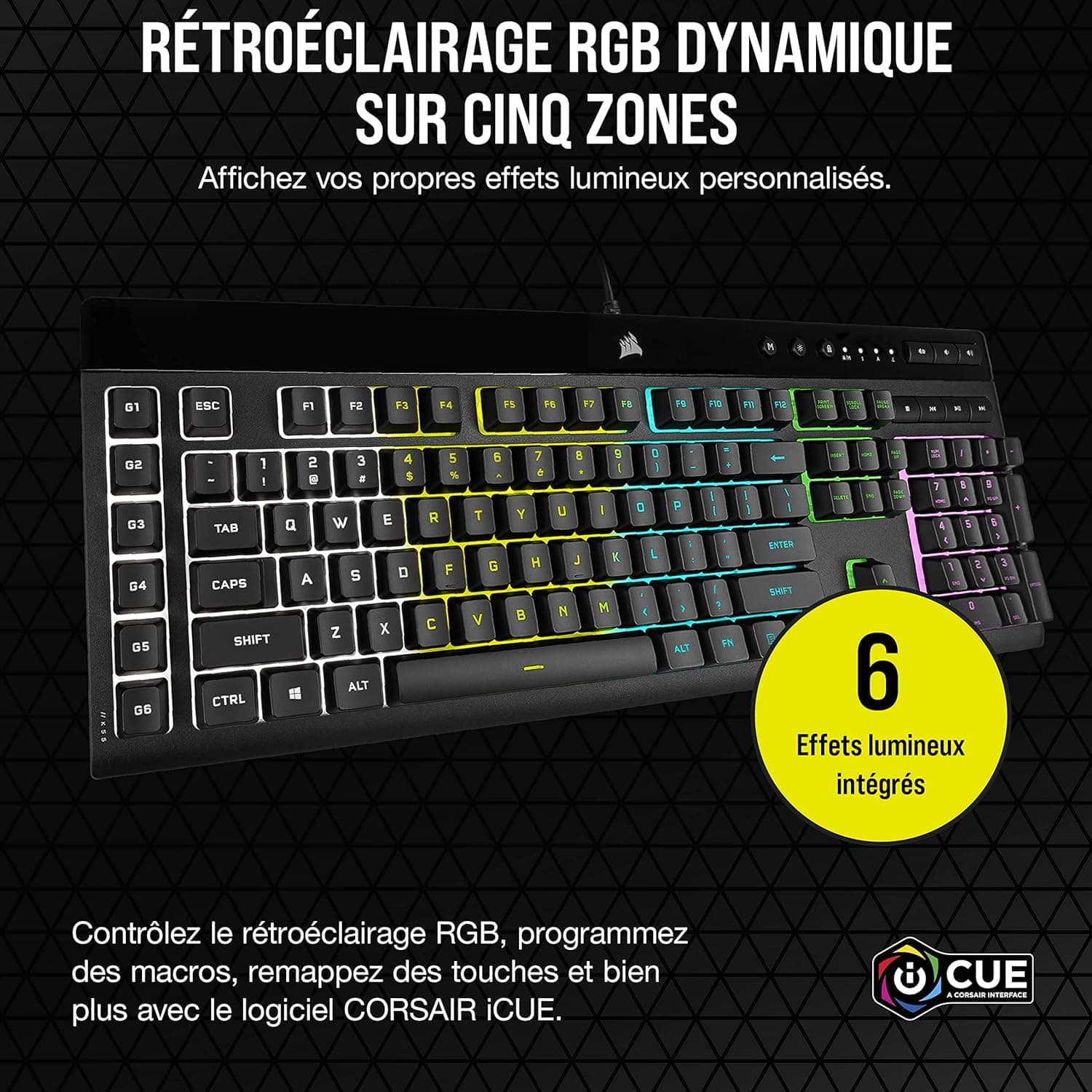 Corsair K55 RGB Pro Clavier de Jeu Filaire à Membrane (AZERTY FR) – Noir | IP42 Résistant à la Poussière et Aux éclaboussures, 6 Touches Macro Intégration Elgato, PC, Mac, Xbox