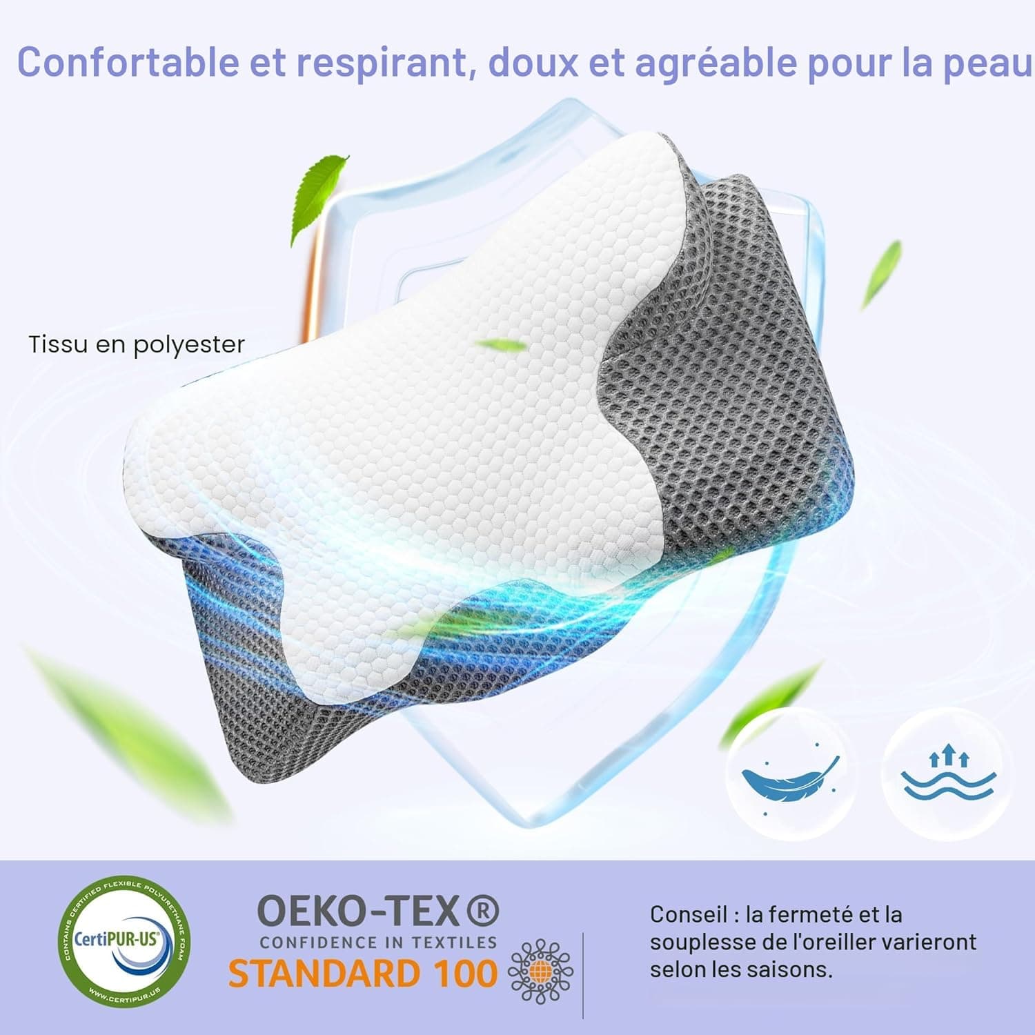 YunNasi Oreiller Ergonomique Cervical à Mémoire de Forme 60x34x13/10cm | Oreiller Orthopédique Cervicales Memory Foam pour Les Dormeurs sur Le Côté, Le Dos et Le Ventre Housse Déhoussable et Lavable