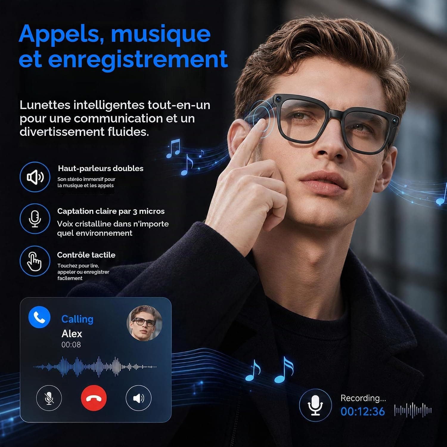 Lunettes Connectées IA Caméra 8MP Traduction en Temps Réel Assistant Vocal