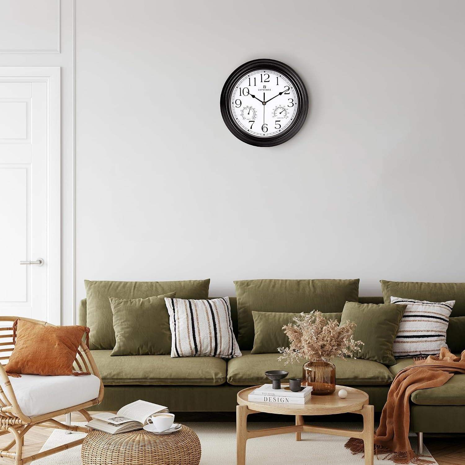 Lafocuse Horloge Murale avec Thermomètre et Hygromètre Vintage Pendule Murale Quartz Noir Silencieuse pour Salon Cuisine 30cm
