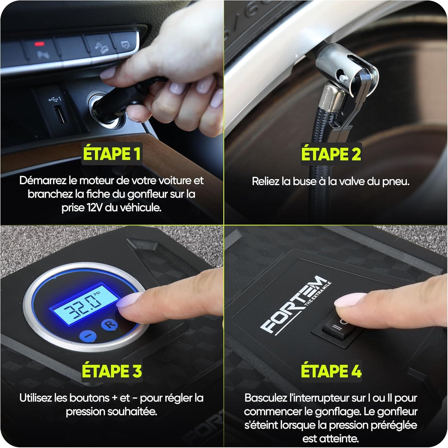 FORTEM Gonfleur pneus Voiture - Compresseur 12V - Compresseur à air portatif Automatique (150 PSI) - Gonfleur Pneu Voiture avec éclairage LED - Compresseurs d'air Portatifs - Moto & Vélo