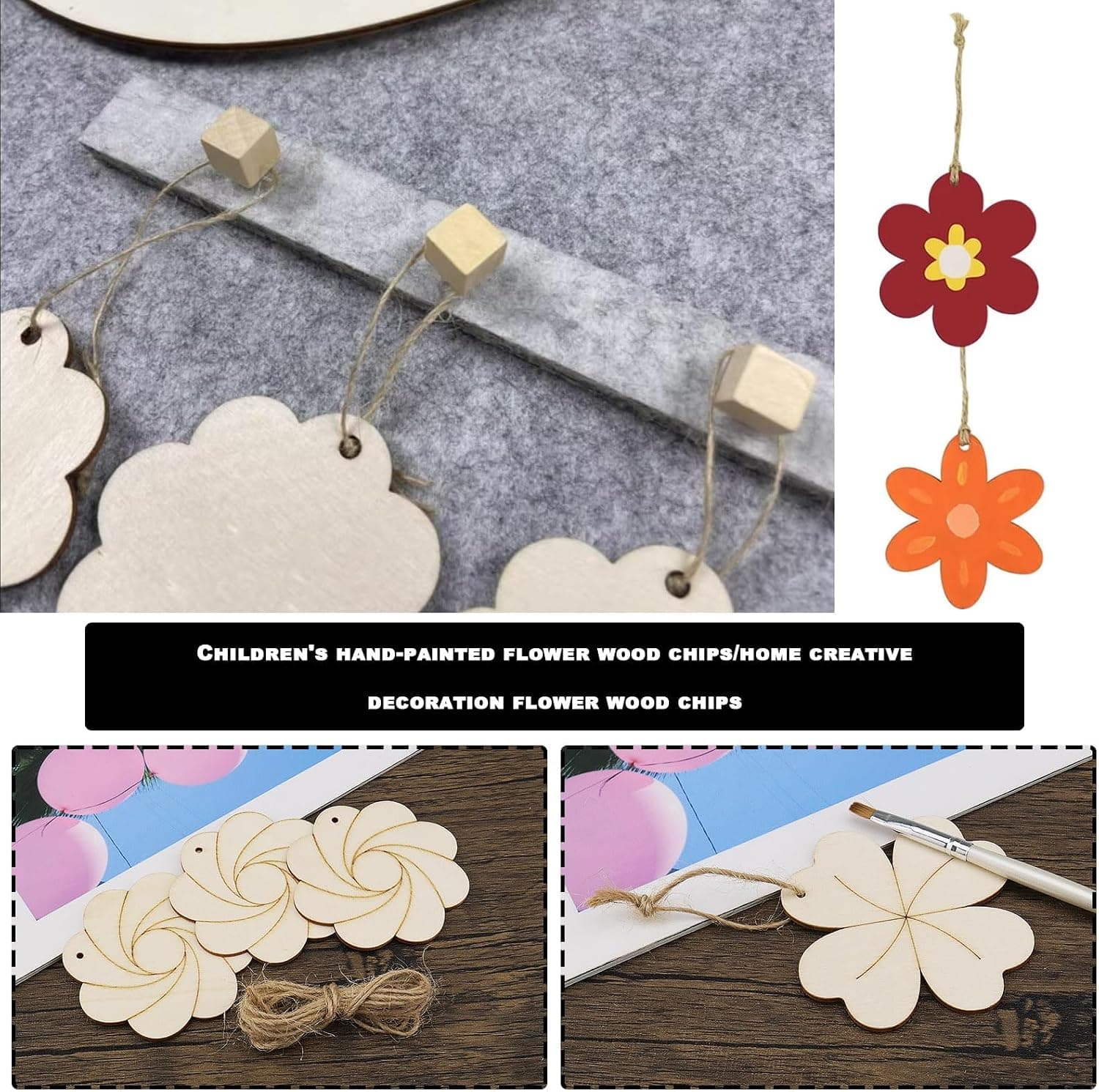 YINETTECH Lot de 30 copeaux de bois vierges en forme de fleur à suspendre - Accessoires pour loisirs créatifs, décoration d'intérieur