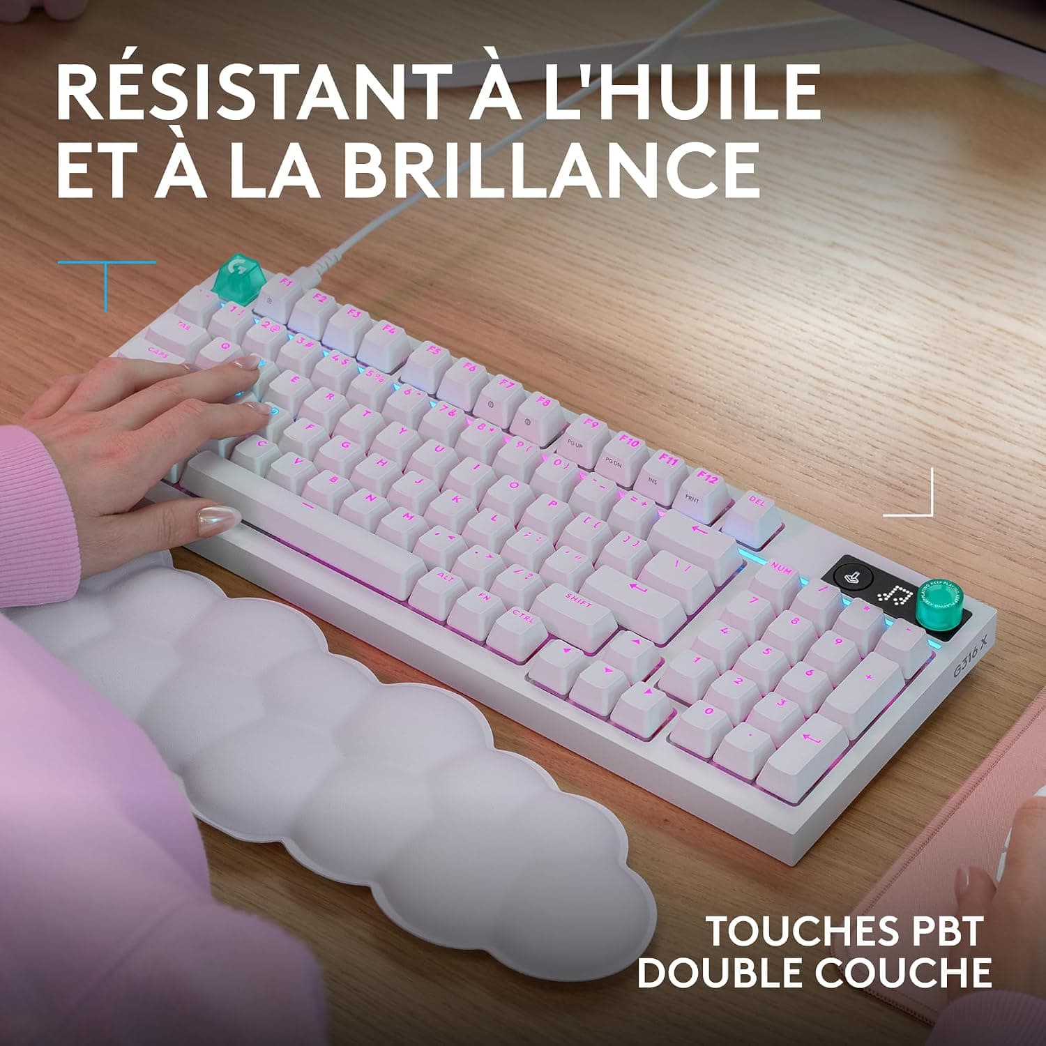 Logitech G G316 X 98, Clavier Gaming | 8 kHz, switchs tactiles hot-swap, structure joint, LED & molette, touches PBT, USB-C, RVB LIGHTSYNC, PC, FRA AZERTY - Blanc