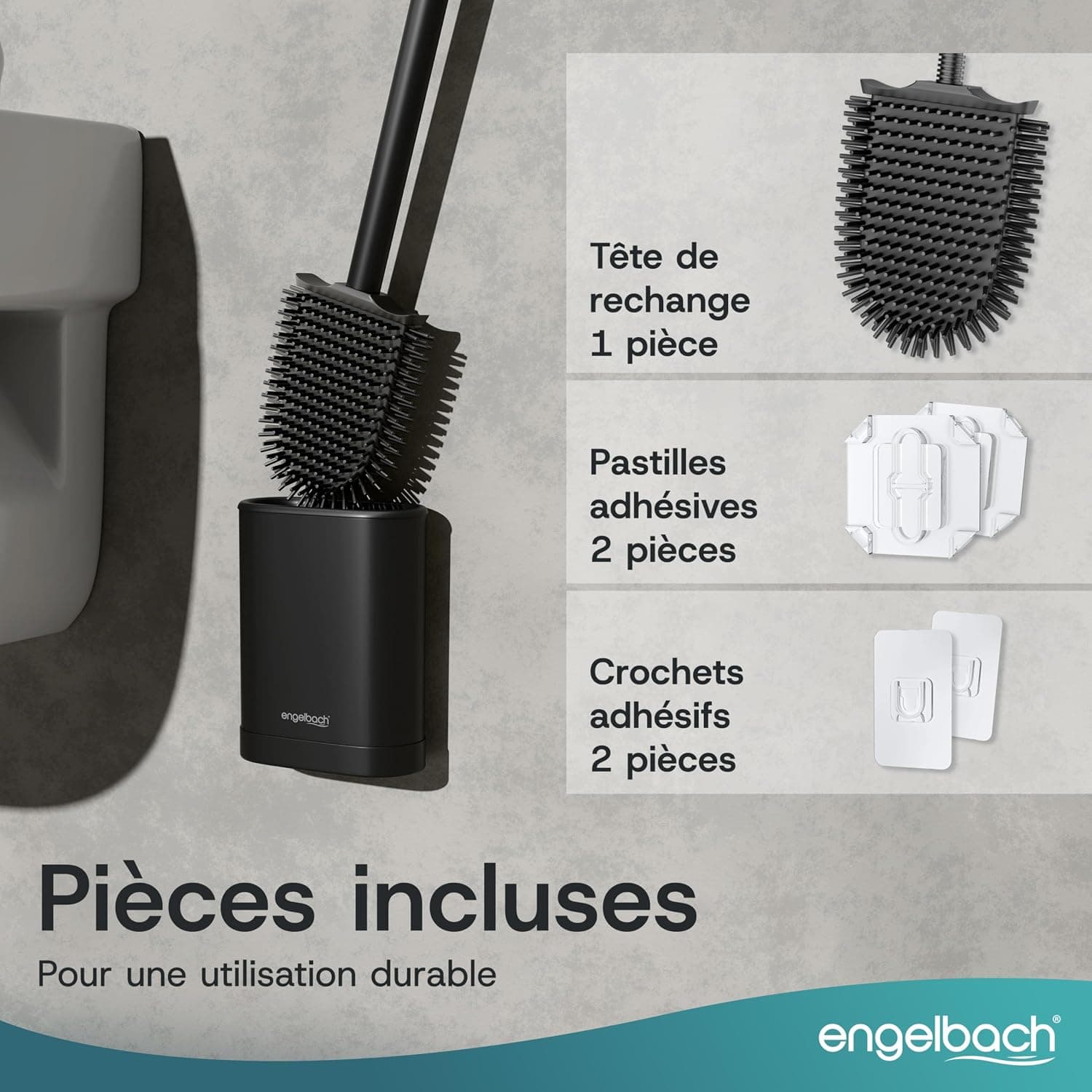 Engelbach® Brosse WC en Silicone - à Fixation Murale sans Perçage, Noir