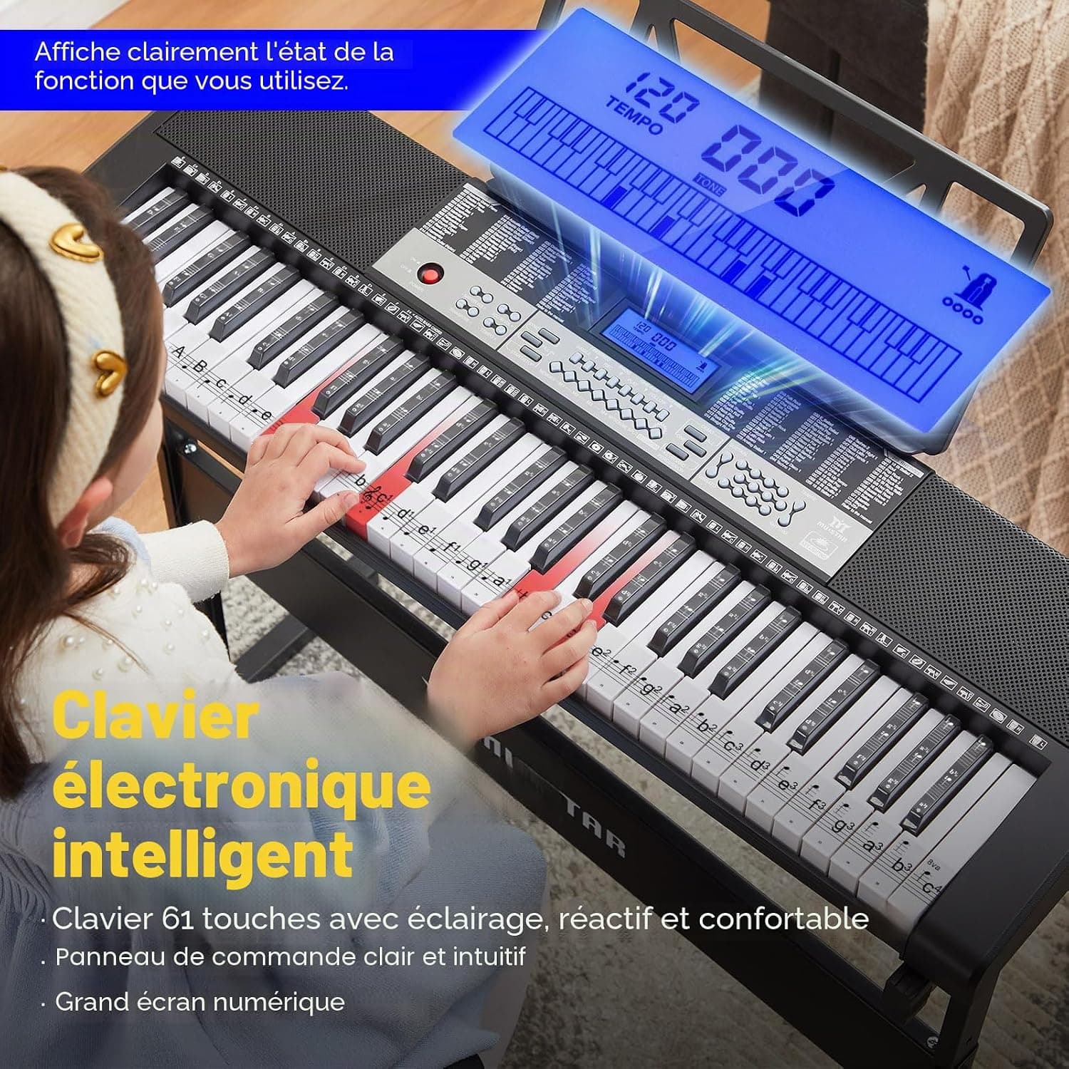 MUSTAR Piano à clavier lumineux 61 touches, clavier numérique pour débutants, piano électrique avec enseignement intelligent, support, tabouret, casque (Noir)