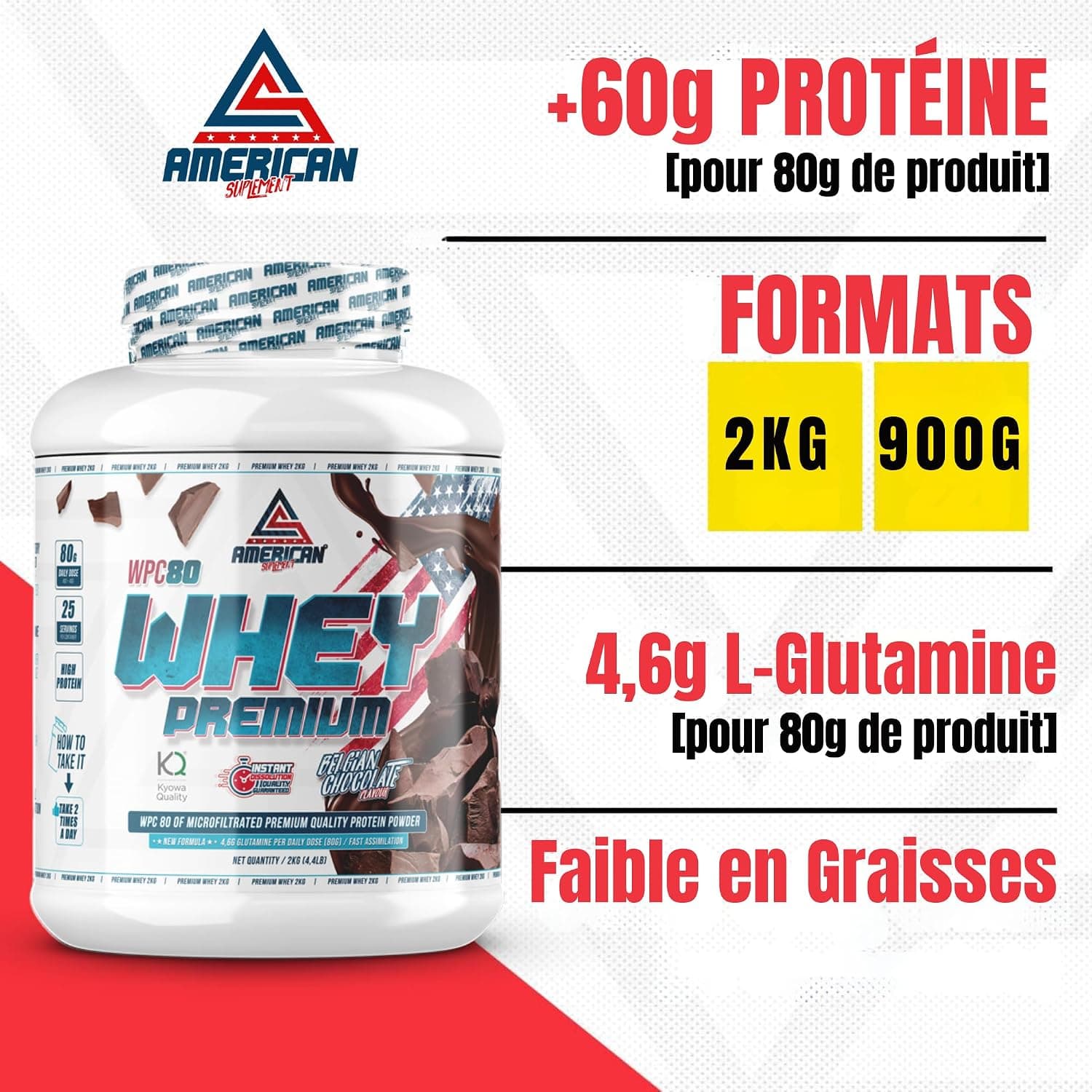 Whey Protein | Protéine de Lactosérum Premium | Favorise la Prise de Masse Musculaire | Haute Concentration en Protéines | Kyowa Quality® (2 kg, Chocolat)