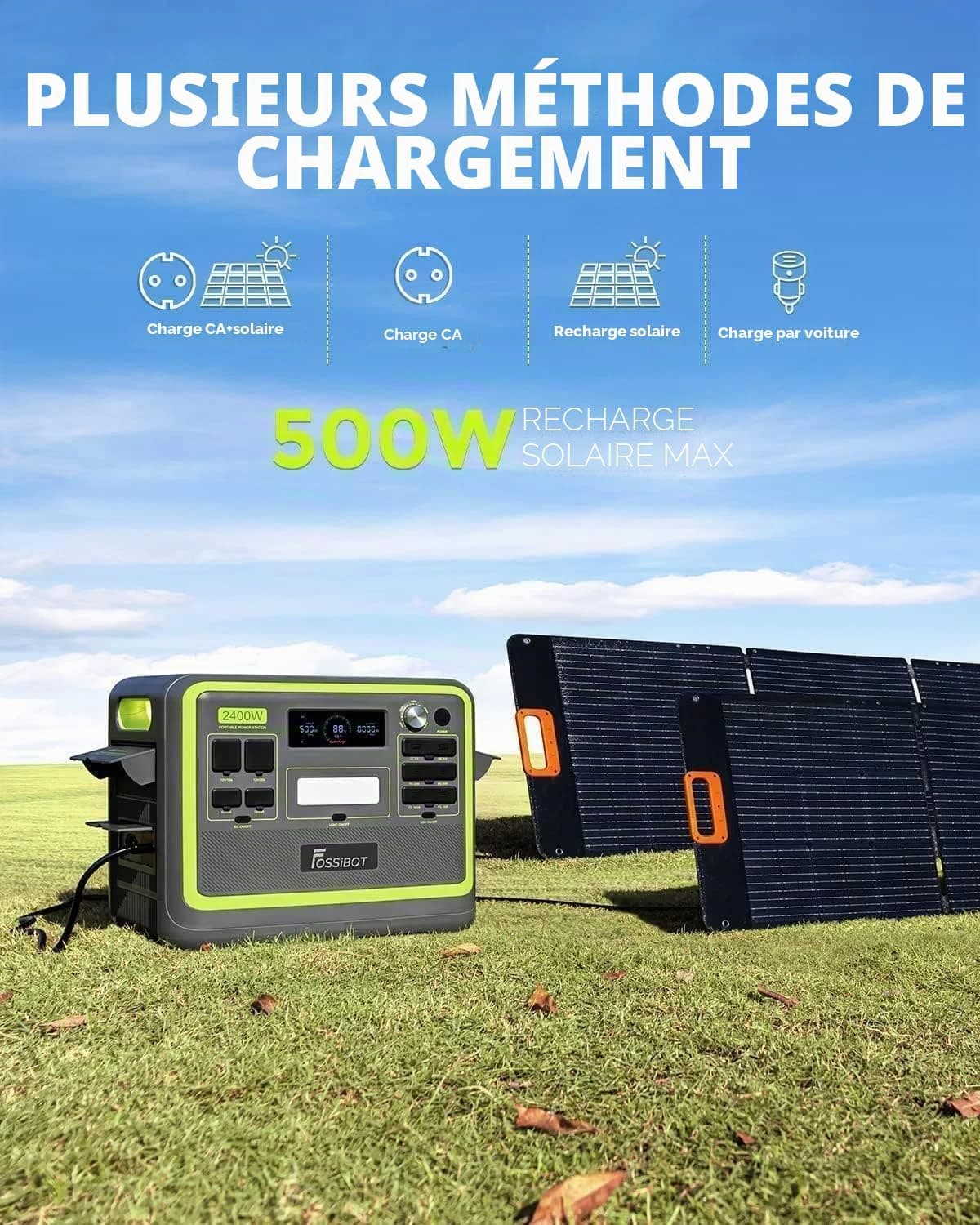 FOSSiBOT Générateur solaire F2400 avec panneau solaire 200 W, batterie LiFePO4 2048 Wh, 230 V 2400 W, sorties 3 AC (crête 4800 W), lavage rapide en 1, 5 heure, station d'alimentation et camping-car,