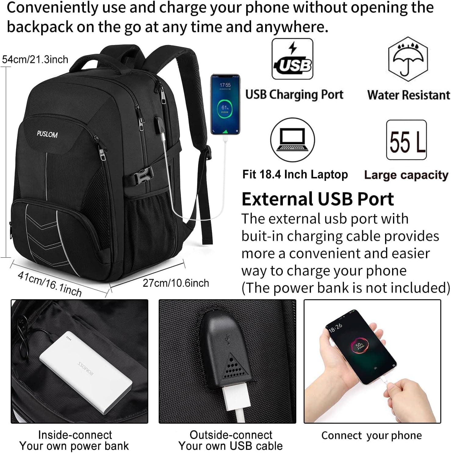 Sac à Dos Homme Grand 55L 18.4 Pouces Antivol Imperméable avec Chargement USB pour Ordinateur Portable Voyage Affaires Loisir Scolaire Collège - Noir