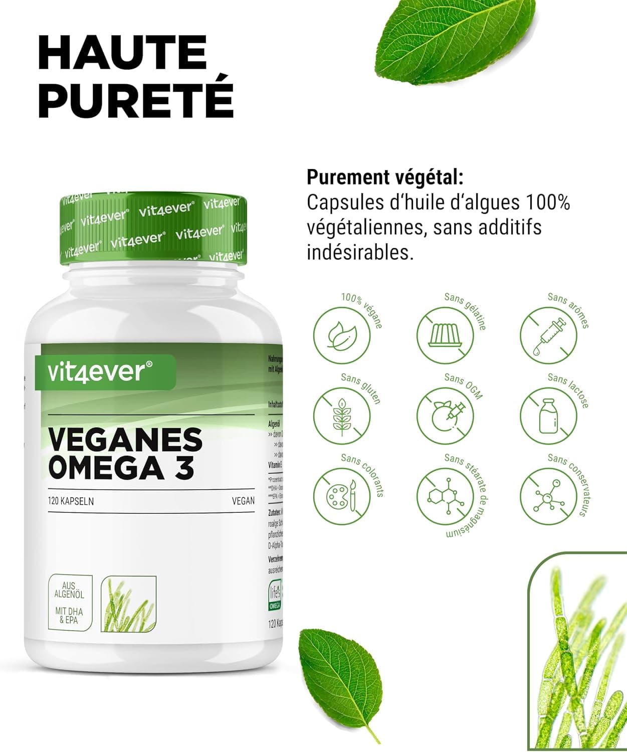 vit4ever Omega 3 Vegan - 120 Gélules Softgel - Ingrédient de Marque