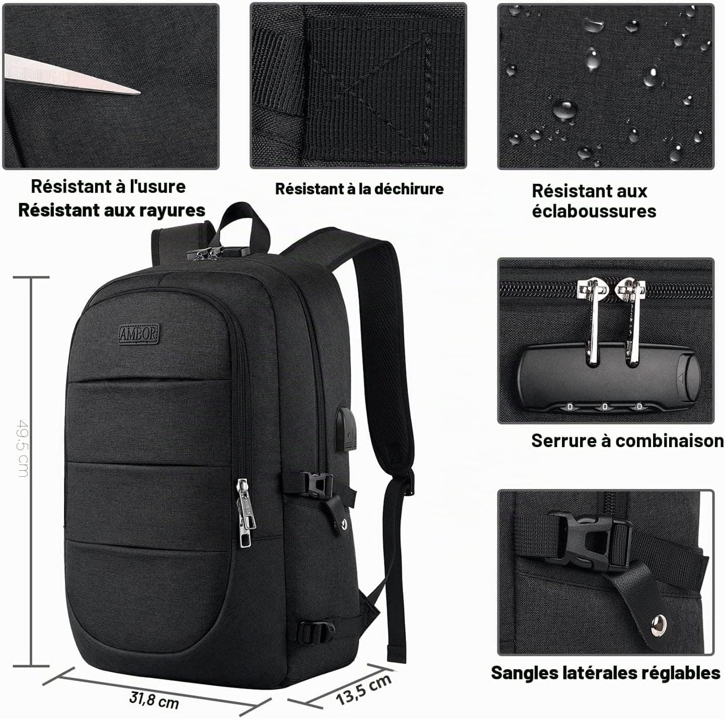 AMBOR 17.3'' Sac à Dos Portable,Sac a Dos Ordinateur avec USB Charging Port | Déperlant Sac a Dos Voyage Cabine, Sac a Dos Antivol Avion pour Homme avec Compartiment, Backpack pour les études les Vol