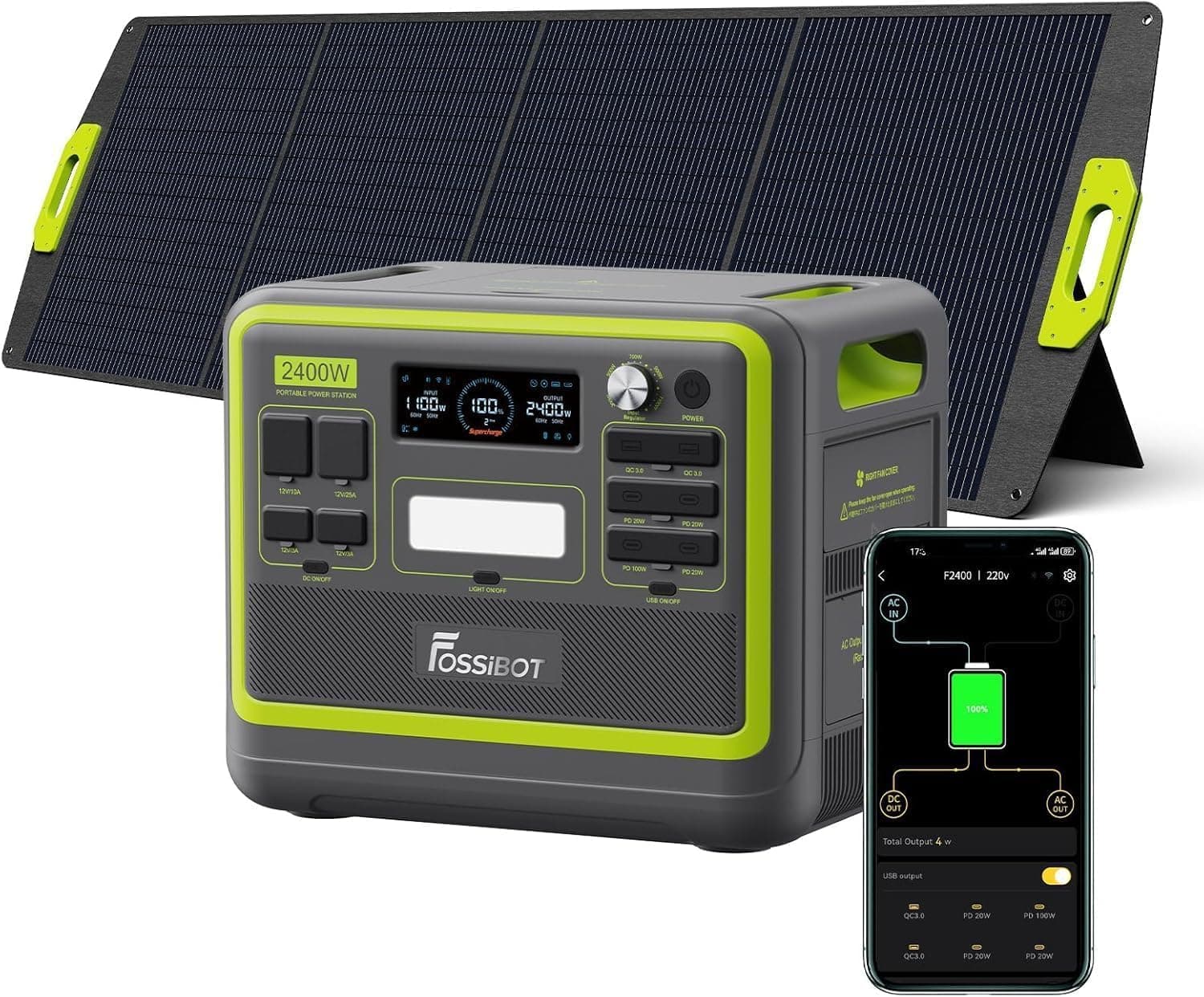 FOSSiBOT Générateur solaire F2400 avec panneau solaire 200 W, batterie LiFePO4 2048 Wh, 230 V 2400 W, sorties 3 AC (crête 4800 W), lavage rapide en 1, 5 heure, station d'alimentation et camping-car,