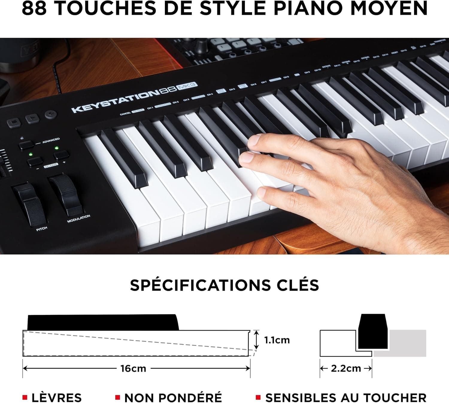 M-AUDIO Keystation 88 MK3 Controleur USB MIDI | Controleur 88 Touches Semi-Lestees pour Synthetiseurs Virtuels et Logiciel DAW d'Enregistrement Inclus