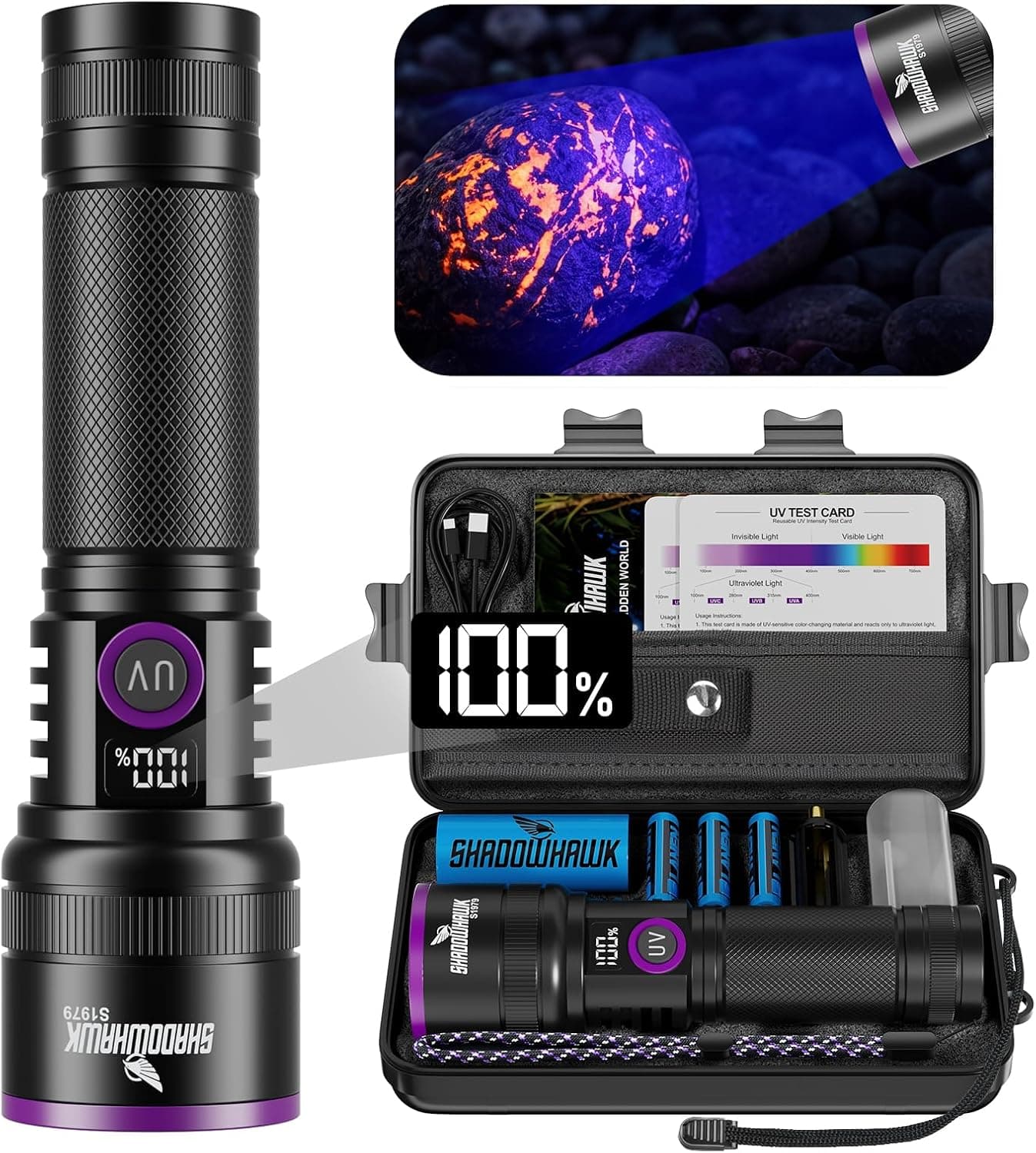 Shadowhawk 365nm Lampe Torche UV, 30W Lumiere Noire Avec Lentille Filtrante