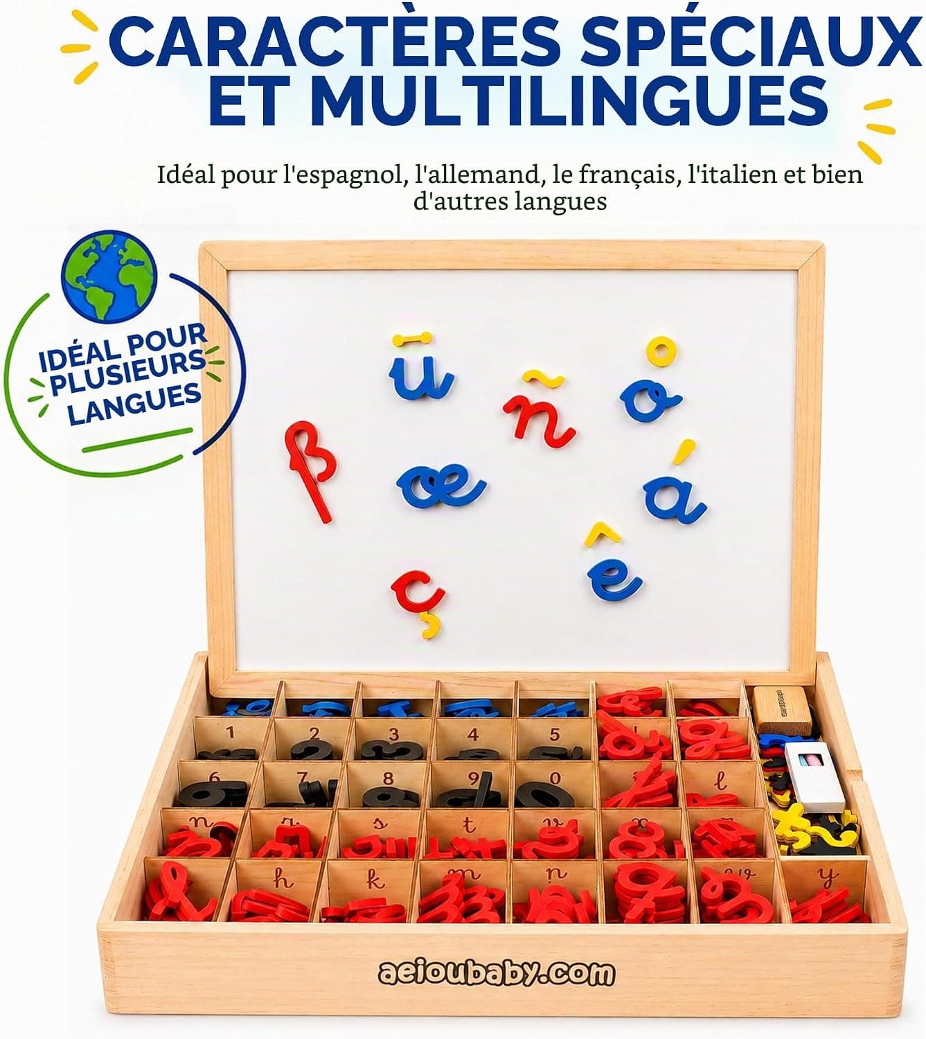 Lettres et Chiffres Magnétiques Montessori | Alphabet Cursif avec Majuscules, Minuscules et Nombres en Mousse EVA | Ardoise Réversible et Boîte en Bois | Jeu Éducatif Lecture et Écriture