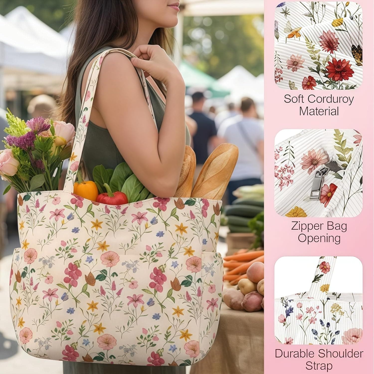 Grande Sac Shopping en Côtelé pour Femmes – Joli Sac à Épaule Aesthétique, Sac en Toile Réutilisable avec Fermeture Éclair et Poches Multiples pour Travail École Gym Voyage