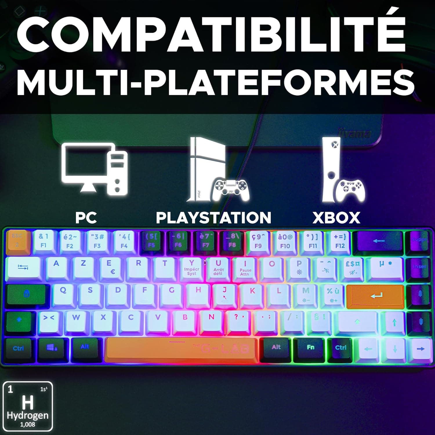 The G-Lab Keyz Hydrogen, Clavier Gamer 60%, Semi-mécanique Filaire Azerty, Rétroéclairage Multicolore- Mini Clavier Gamer Silencieux, Format Compact TKL - PC/PS5 (Noir/Blanc/Orange) | Filaire USB, Format 60% Compact, Semi-mécanique, Rétroéclairage Multicolore, Silencieux, Noir/Blanc/Orange