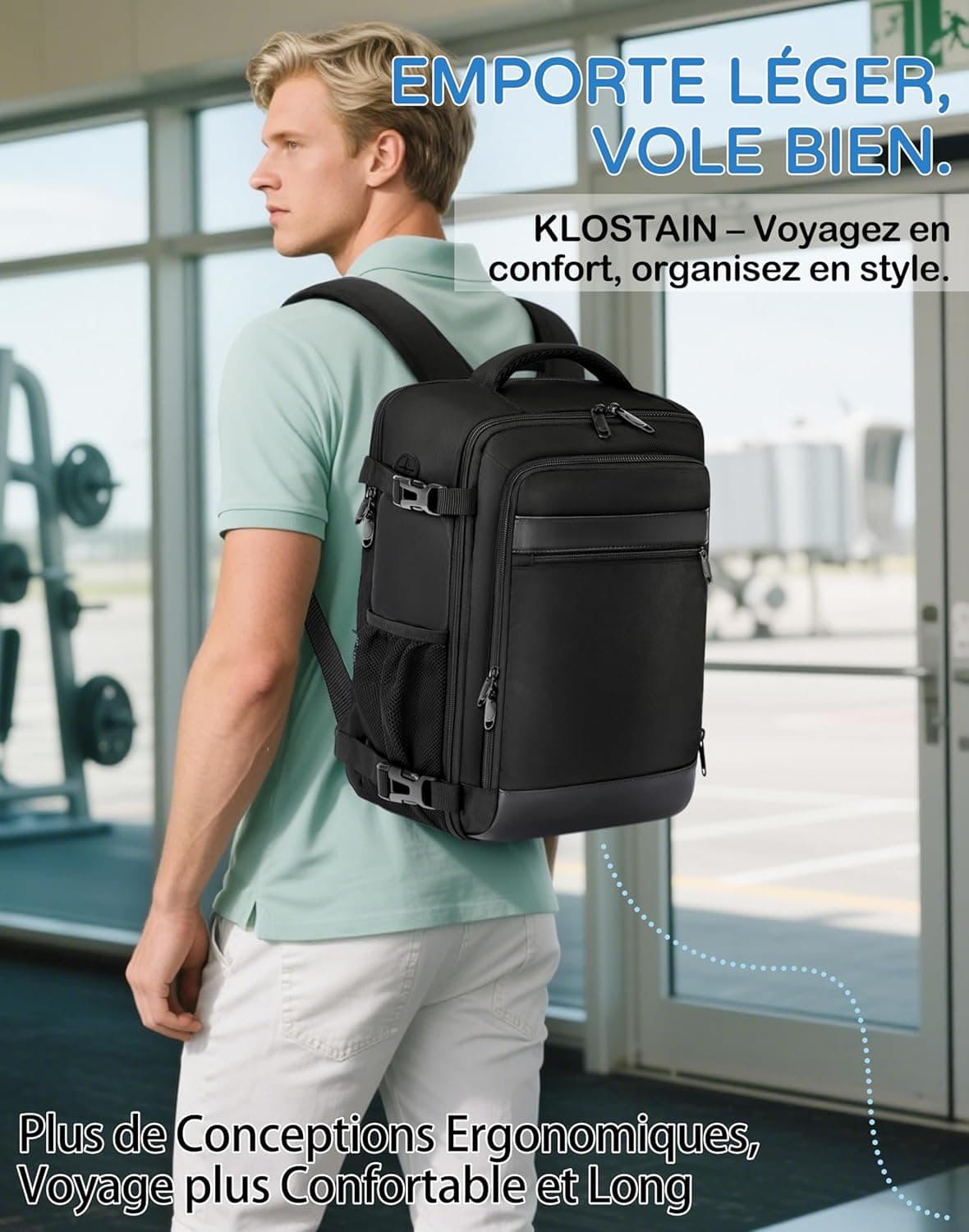 KLOSTAIN Sac a Dos Voyage Cabine Avion 40x20x25 Bagage Cabine pour Ryanair 20 L Femme Homme sous Siège Bagage à Main Petit Sac à Dos pour Ordinateur Portable 14 Pouces Noir