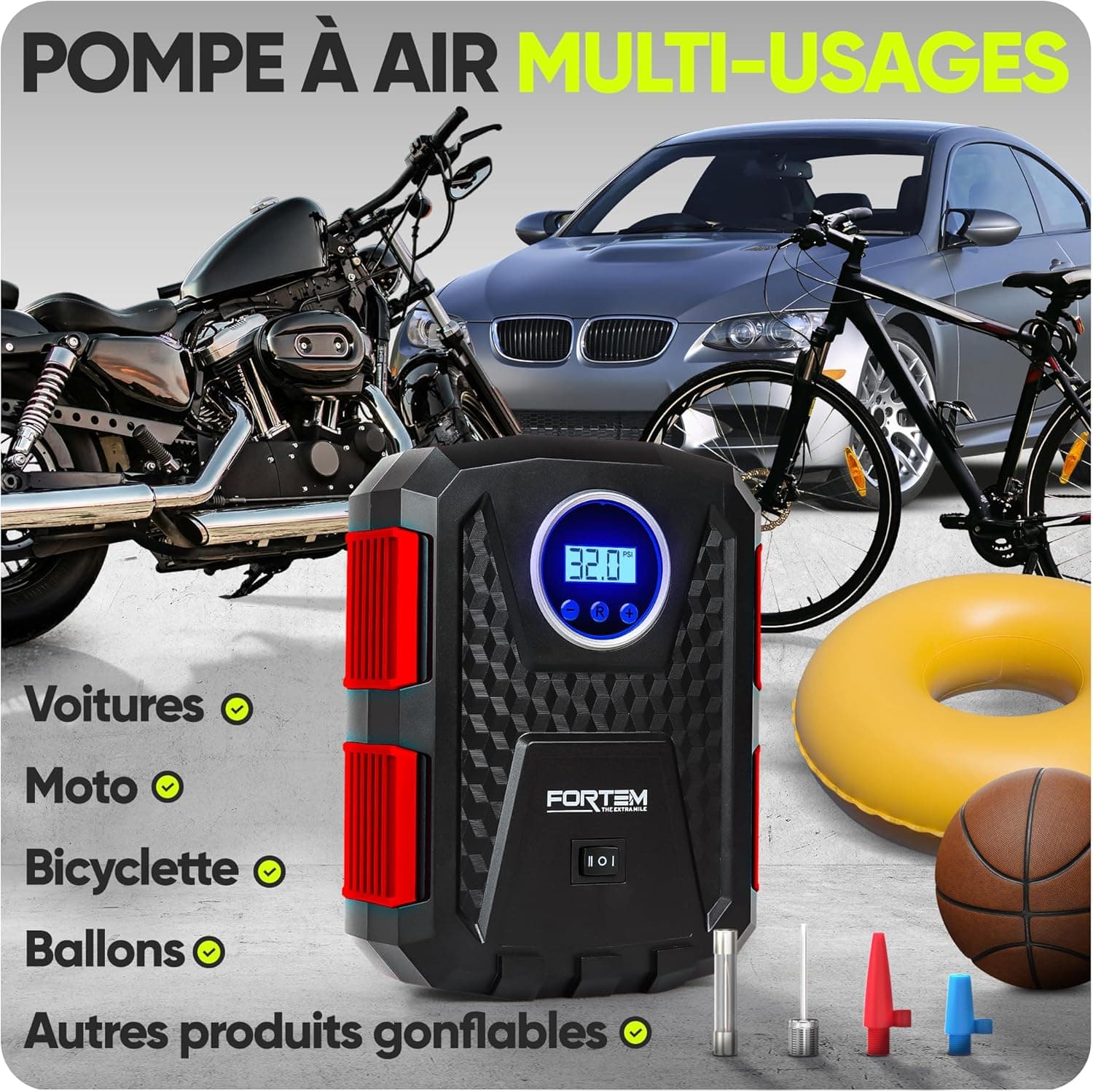 FORTEM Gonfleur pneus Voiture - Compresseur 12V - Compresseur à air portatif Automatique (150 PSI) - Gonfleur Pneu Voiture avec éclairage LED - Compresseurs d'air Portatifs - Moto & Vélo