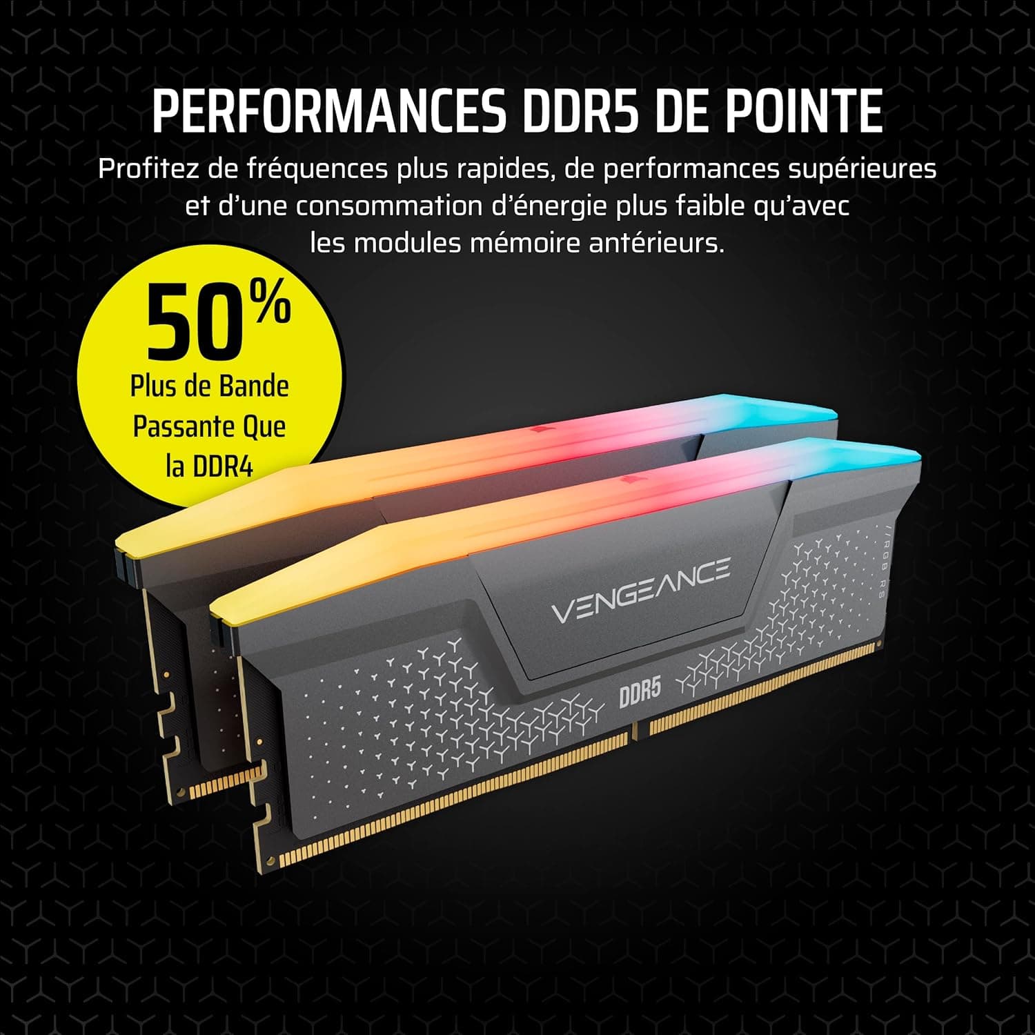 CORSAIR Vengeance RGB RS DDR5 16Go (2x8Go) Jusqu'à 6000MHz AMD Intel RAM | Mémoire pour Ordinateur de Bureau, Compatible AMD EXPO et Intel XMP 3.0, CL36, Gris, (CMG16GX5M2E6000Z36)