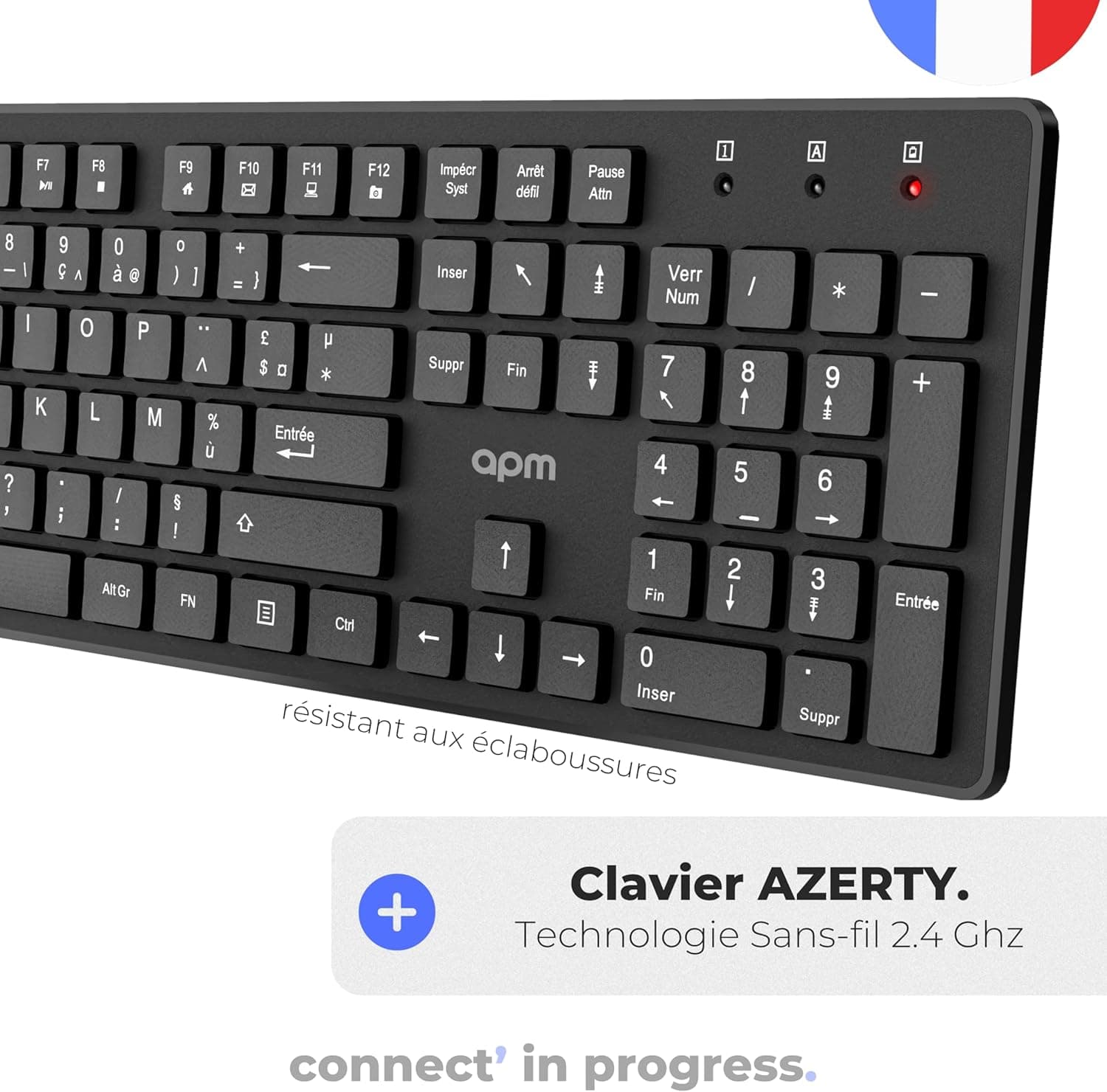 APM Clavier Sans-Fil, 2.4GHz, AZERTY, 105 Touches Ergonomiques, Raccourcis Multimédias, Compatible avec Ordinateur PC Portable MacOS Windows Linux, 100041