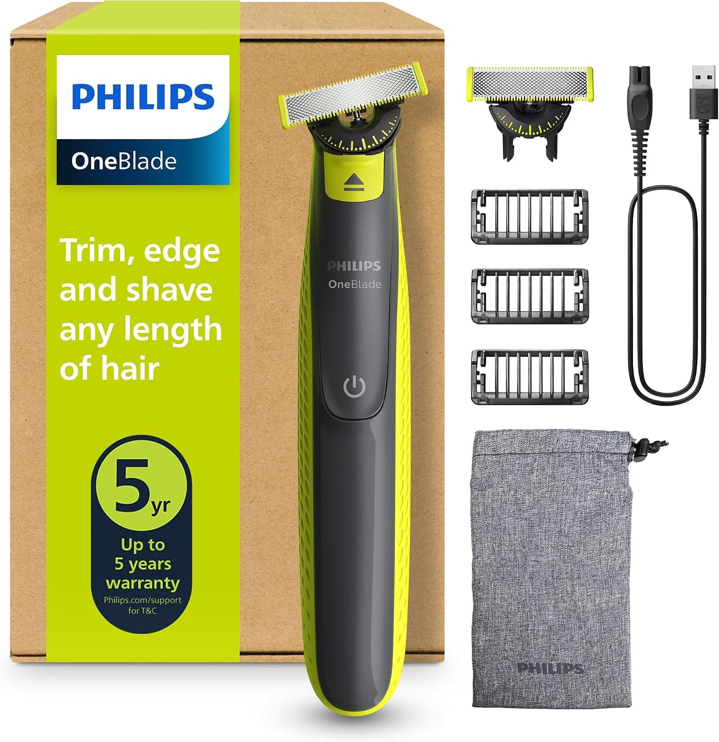 Philips OneBlade 360 Authentique Tondeuse et rasoir à barbe électrique, 2x 360 lames, 3x peignes à barbe (1,3,5mm), QP2724/31