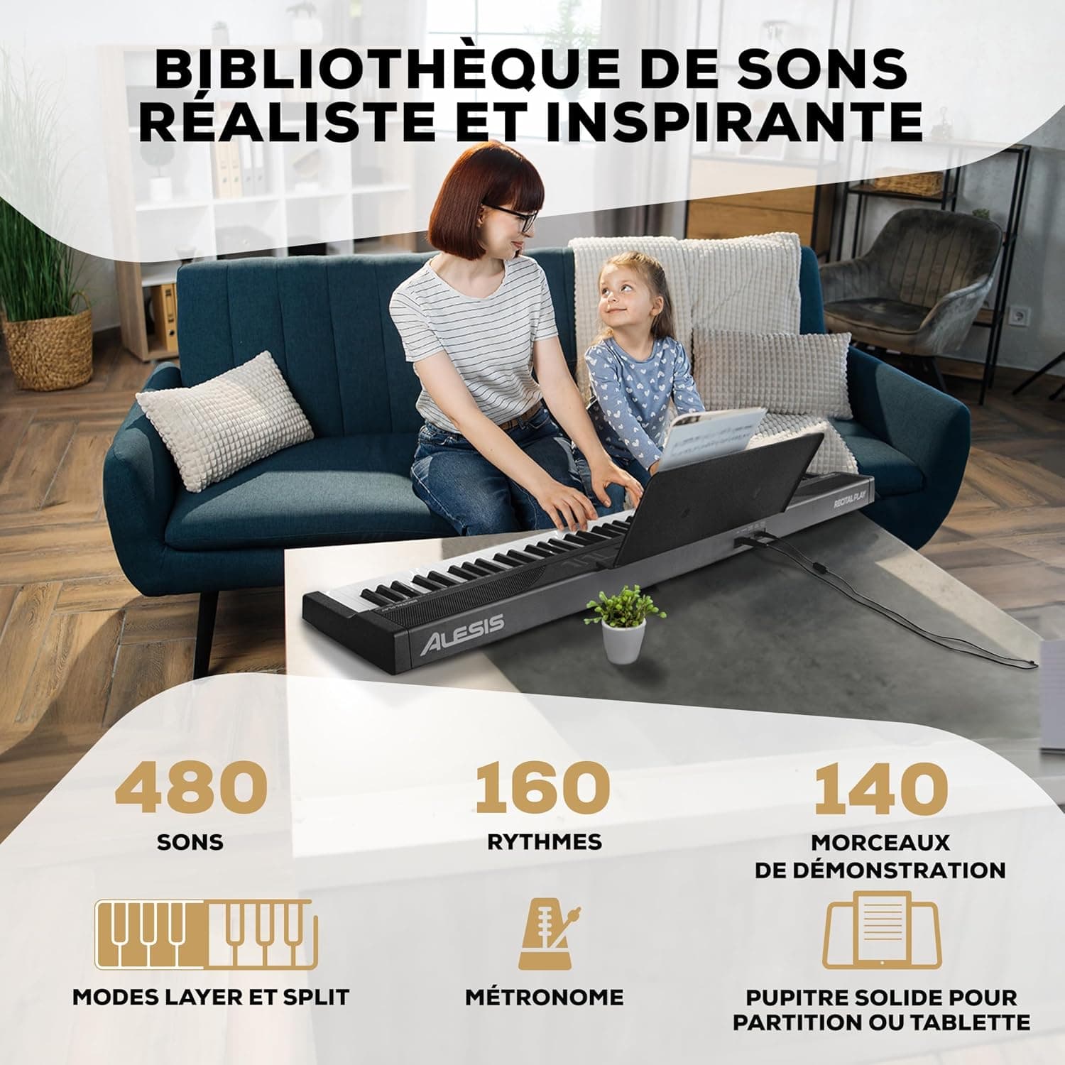 Alesis Recital Play Clavier Piano 88 Touches | Portable, 480 Sons, Modes Split/Layer, Cours Inclus, pour Débutants