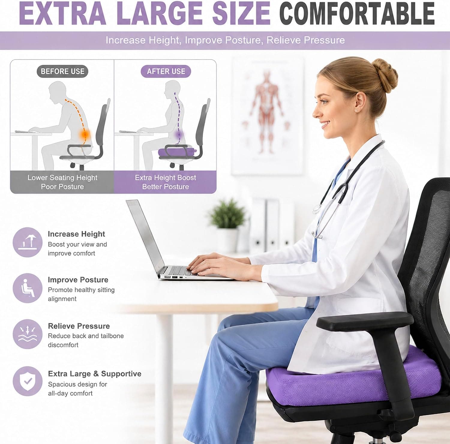 Yuwe Coussin de siège Extra-Large, Coussin en Mousse à mémoire de Forme, Coussin de Bureau, Ergonomique, Coussin de siège pour Voiture, Coussin de soulagement des douleurs sciatiques
