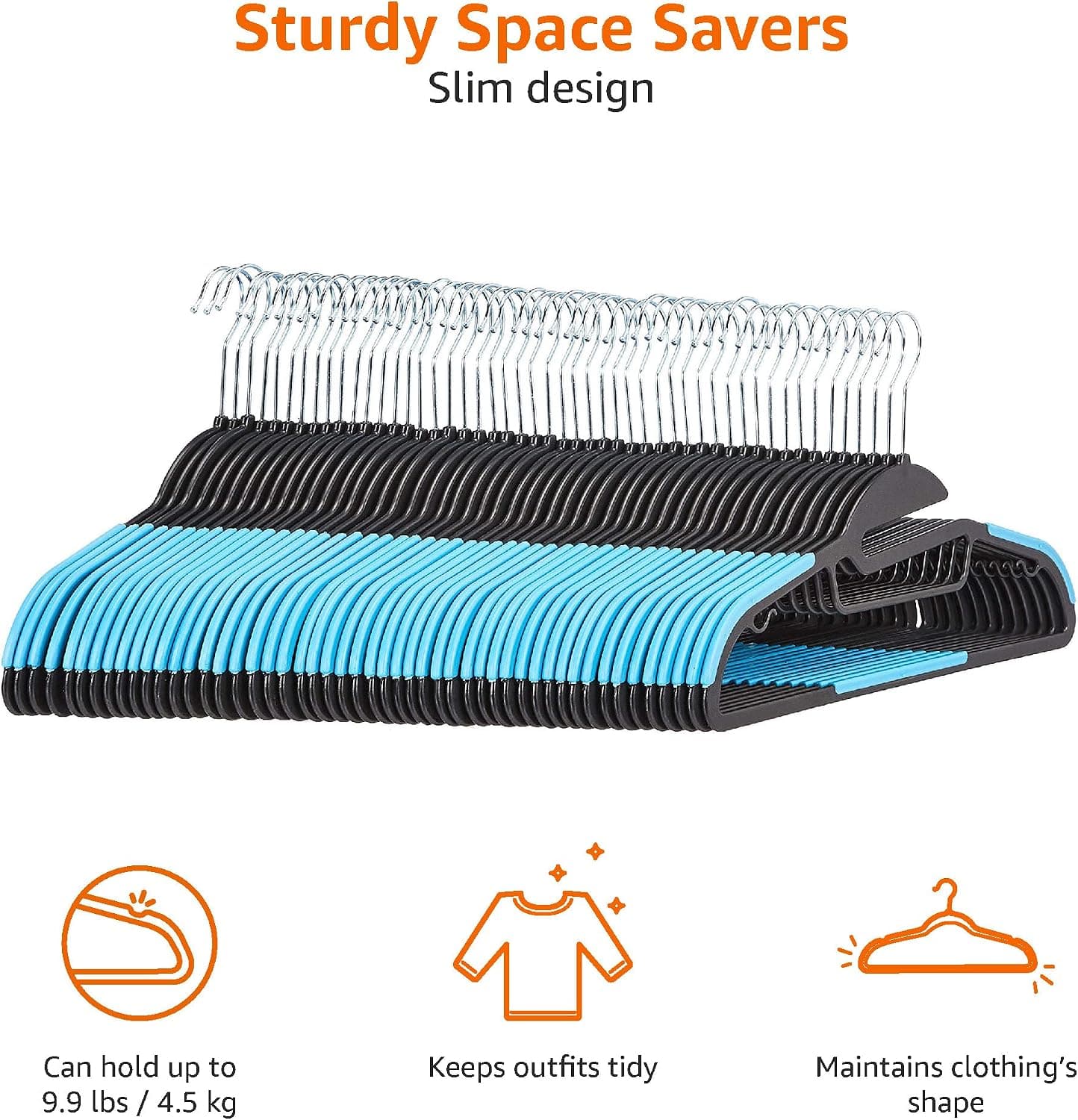 Amazon Basics Lot de 50 cintres en plastique ultra robustes antidérapants avec caoutchouc et barre horizontale, Bleu