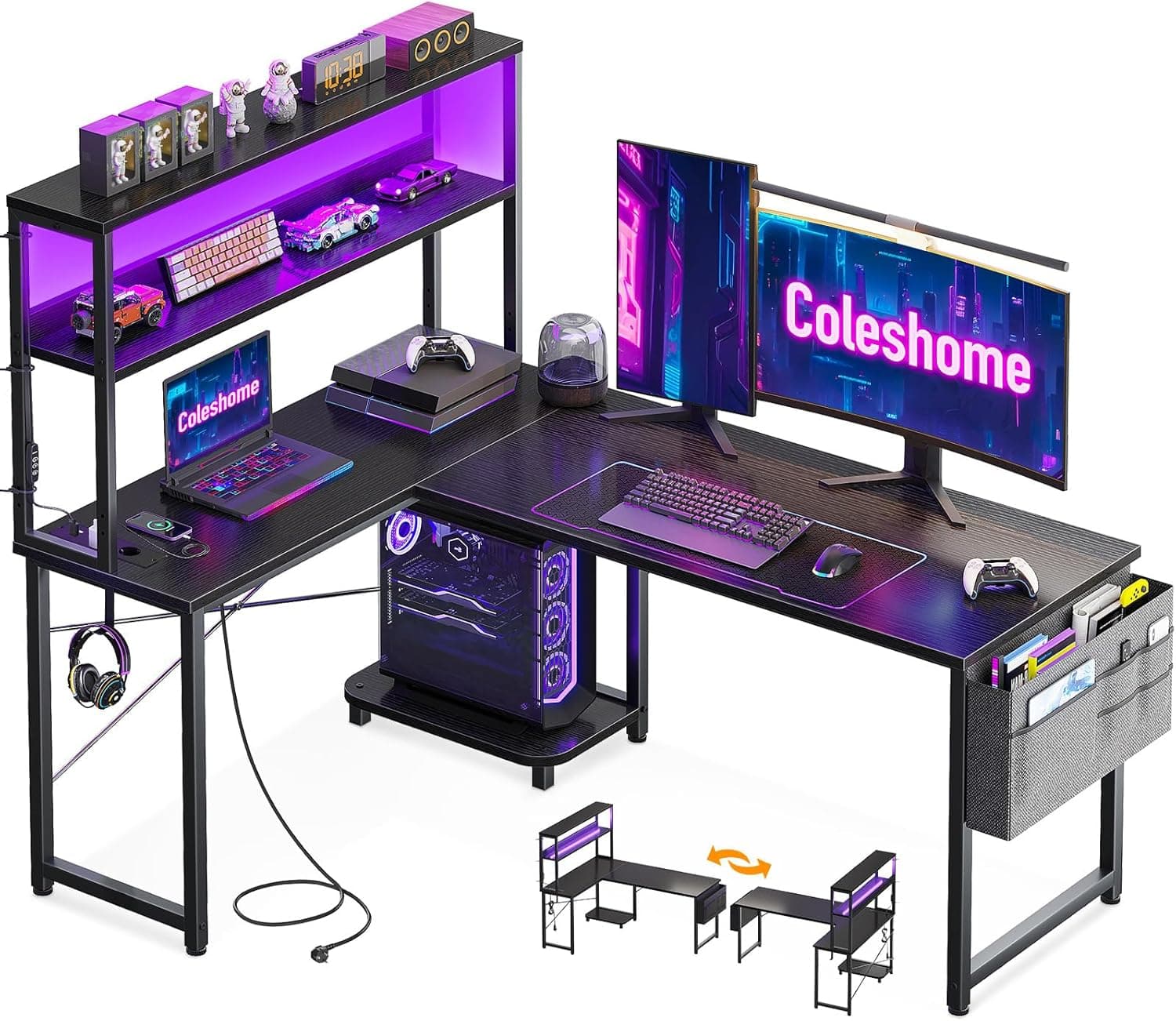 Coleshome Bureau Gaming Angle avec LED et Prises,135x100cm, Noir