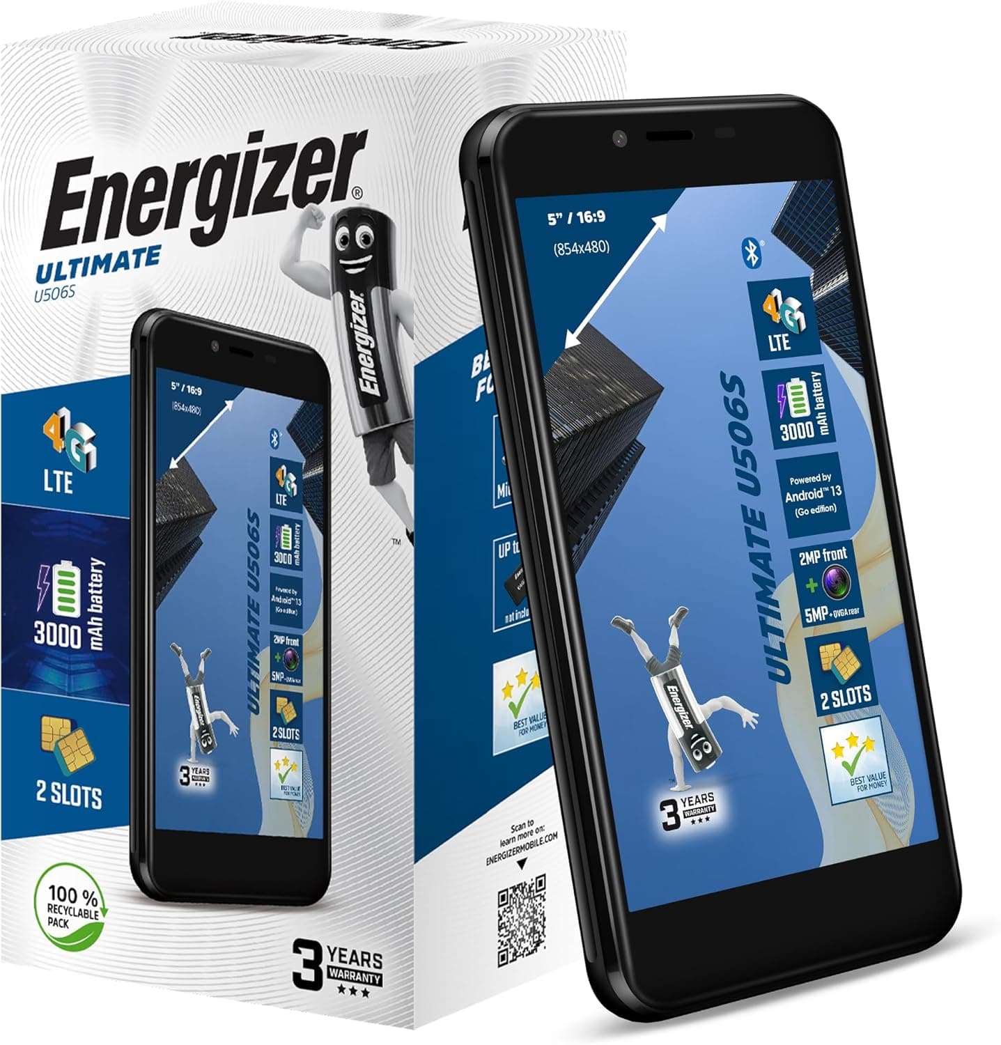 Energizer - Smartphone U506S - Pas Cher Débloqué 2GB RAM / 32GB ROM - Ecran 5" - 3000 mah Batterie - Caméra 5MP+QVGA arrière / 2MP Avant - Android 13 GO - Noir - Double SIM