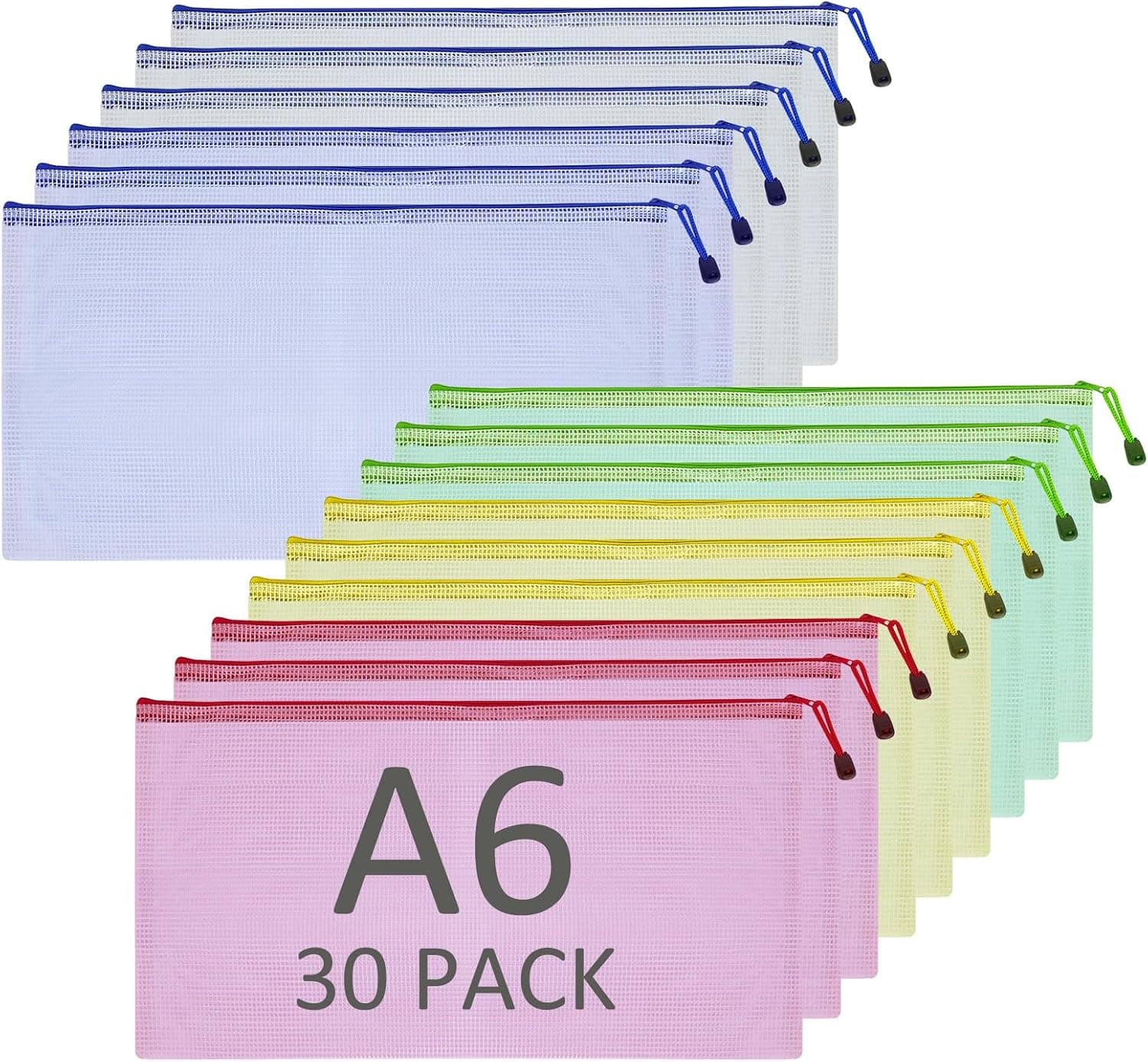 JMIATRY 30Pcs Pochette Zippée A6, 5 Couleur Pochette Plastique Zippée, Pochette Fermeture Éclair A6 Document Zippée Pour Stockage Document Recettes D'Entreprises Organisation, A6-30-COLORE