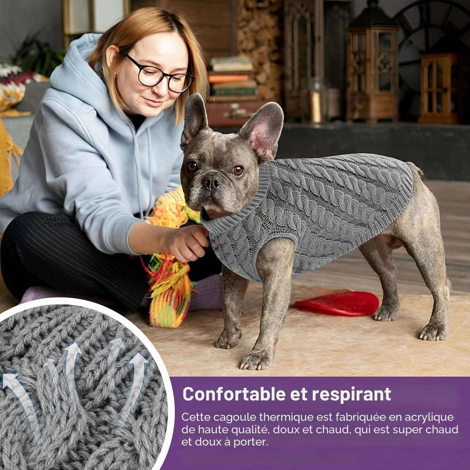 Voarge Pull pour Chien à Tricoter, Pull-Overs pour Pull, Pull Chaud Pull Tricots Outwear, Vêtements d'hiver pour Chiens,Taille Bouledogue Français, Chihuahua Manteau Teckel Vetement (Rouge, M)