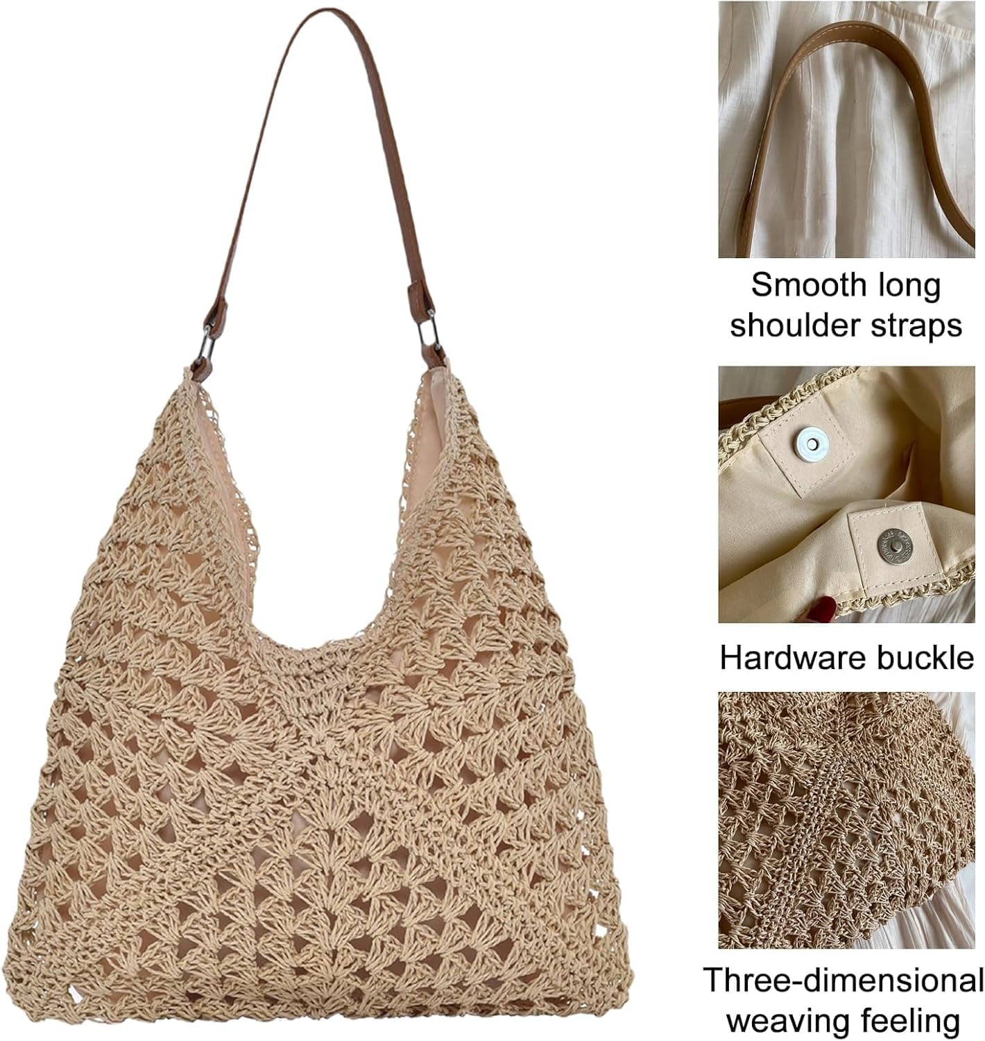 Sac à Bandoulière en paille pour Femmes Filles, Sac a Main Femme Paille Ete, sSac de Plage, sSac en Paille, pour Vacances Voyages, Bohème Esthétique à Main et à Provisions