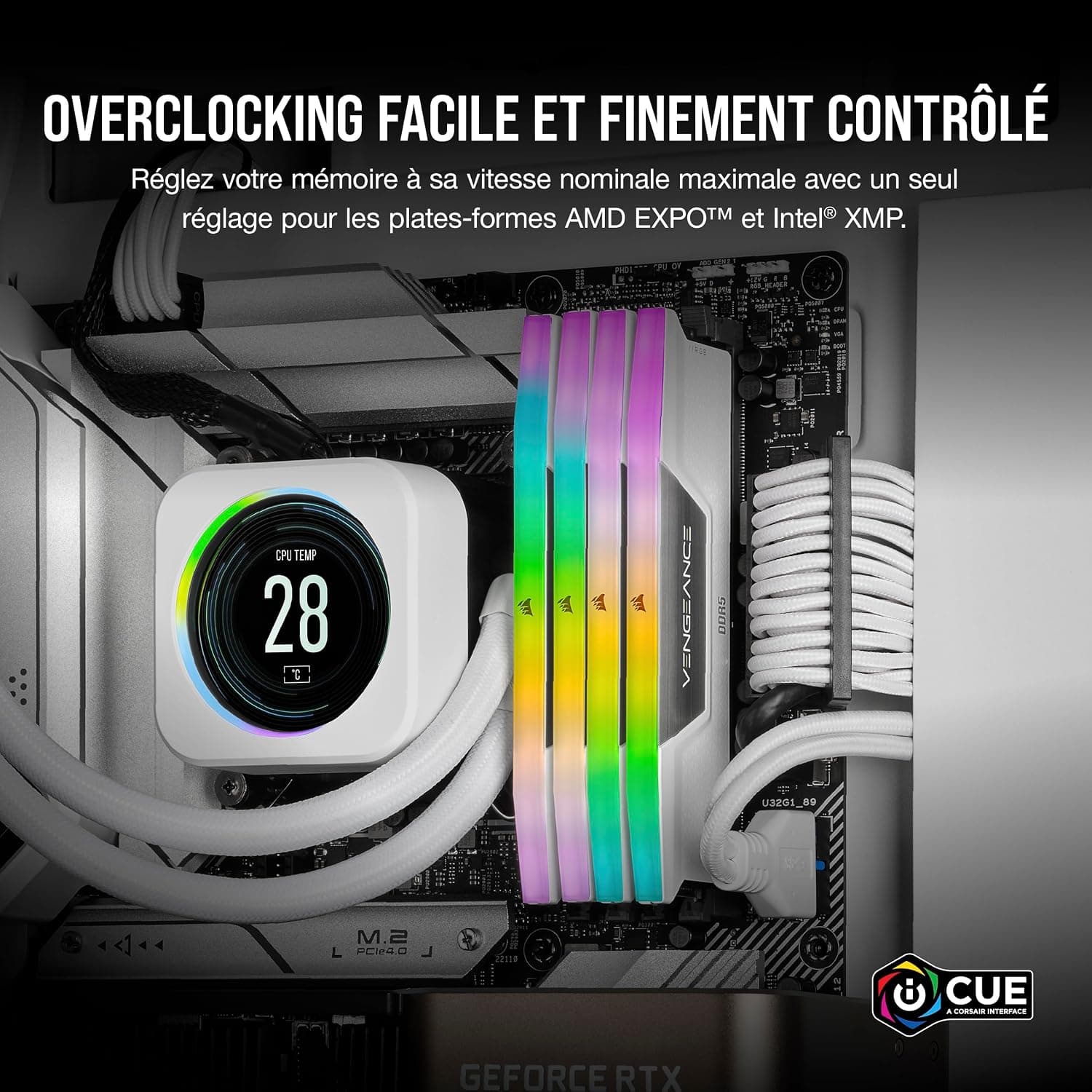 CORSAIR Vengeance RGB DDR5 32Go (2 x 16Go) Jusqu'à 6000MHz AMD Intel RAM | Mémoire pour Ordinateur de Bureau, Compatible AMD EXPO et Intel XMP 3.0, CL36, Blanc, CMH32GX5M2E6000Z36W