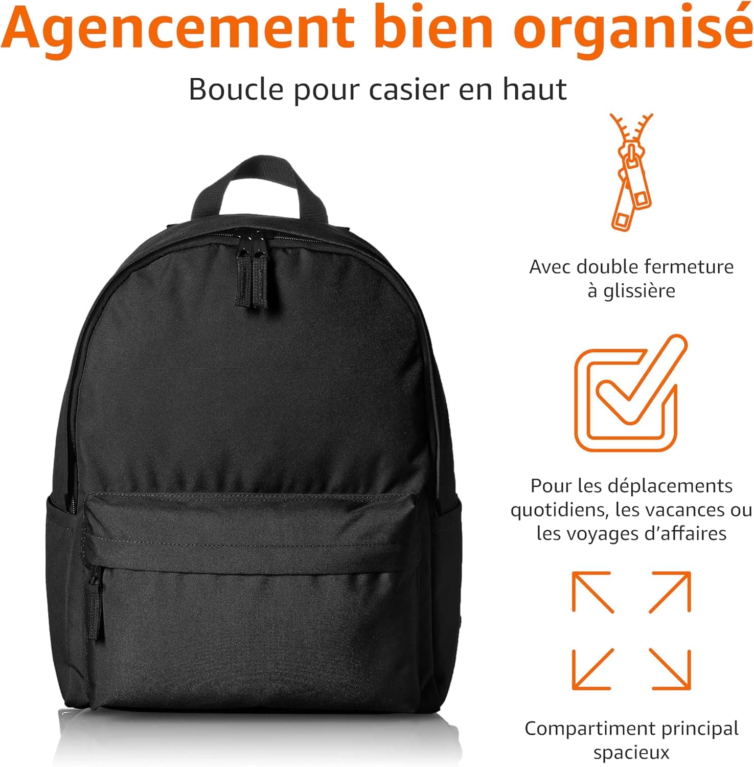 Amazon Basics, Sac à Dos Classique/Décontracté/Scolaire, Noir, Lot de 1