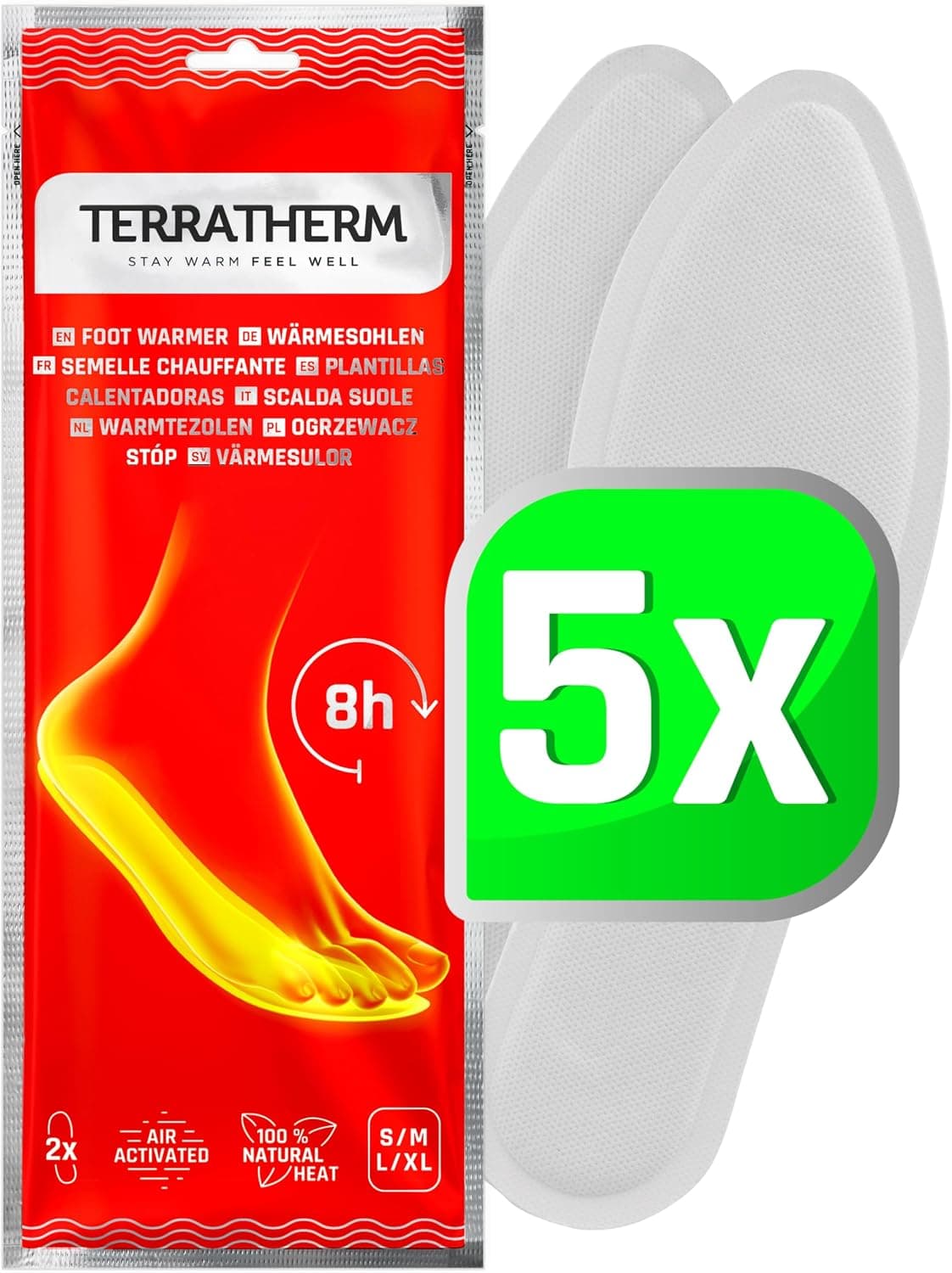 TerraTherm Semelles chauffantes - activé par l'air | 5, 10 ou 30 paires, chaleur jusqu'à 8 heures, chauffe pied - chaleur 100% naturelle