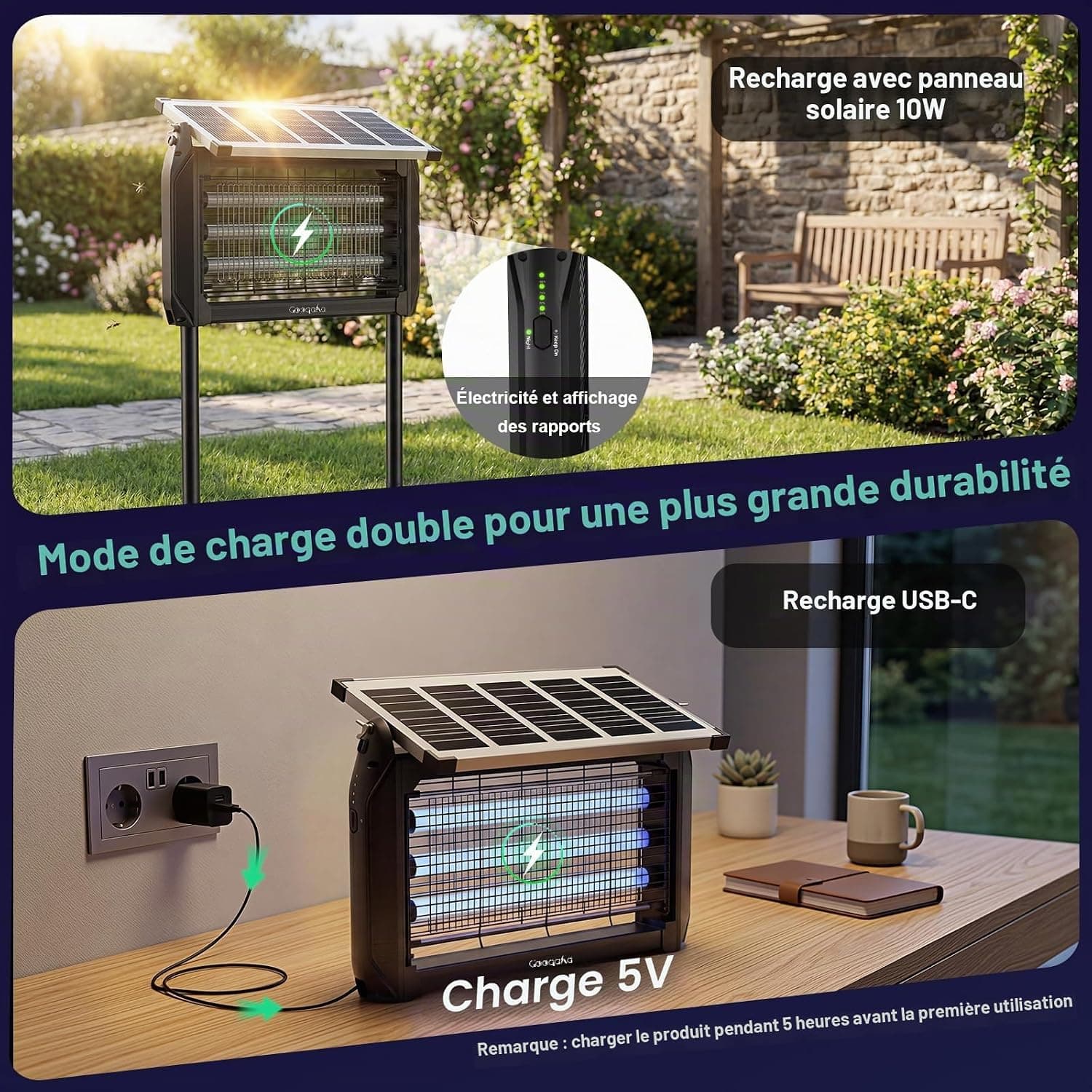 Désinsectiseur Électrique Solaire 10W Extérieur - Lampe Anti-Moustiques