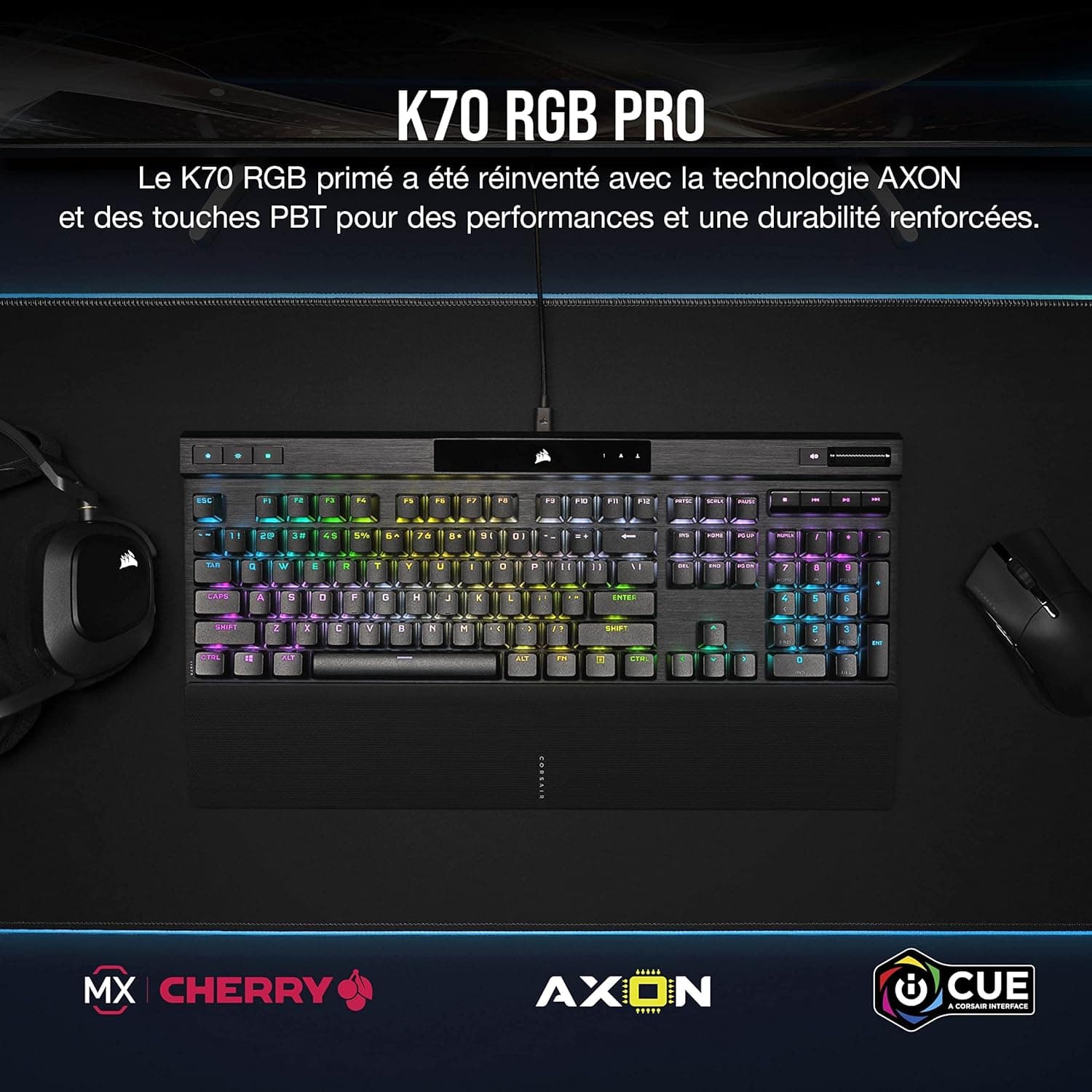 CORSAIR K70 RGB PRO Clavier de Jeu Mécanique Filaire – Interrupteurs Linéaires Cherry MX Red, SOCD, PBT Double-Shot Keycaps, 8000Hz Hyper-Polling, NKRO, Anti-Ghosting, Tournoi Switch, AZERTY FR – Noir