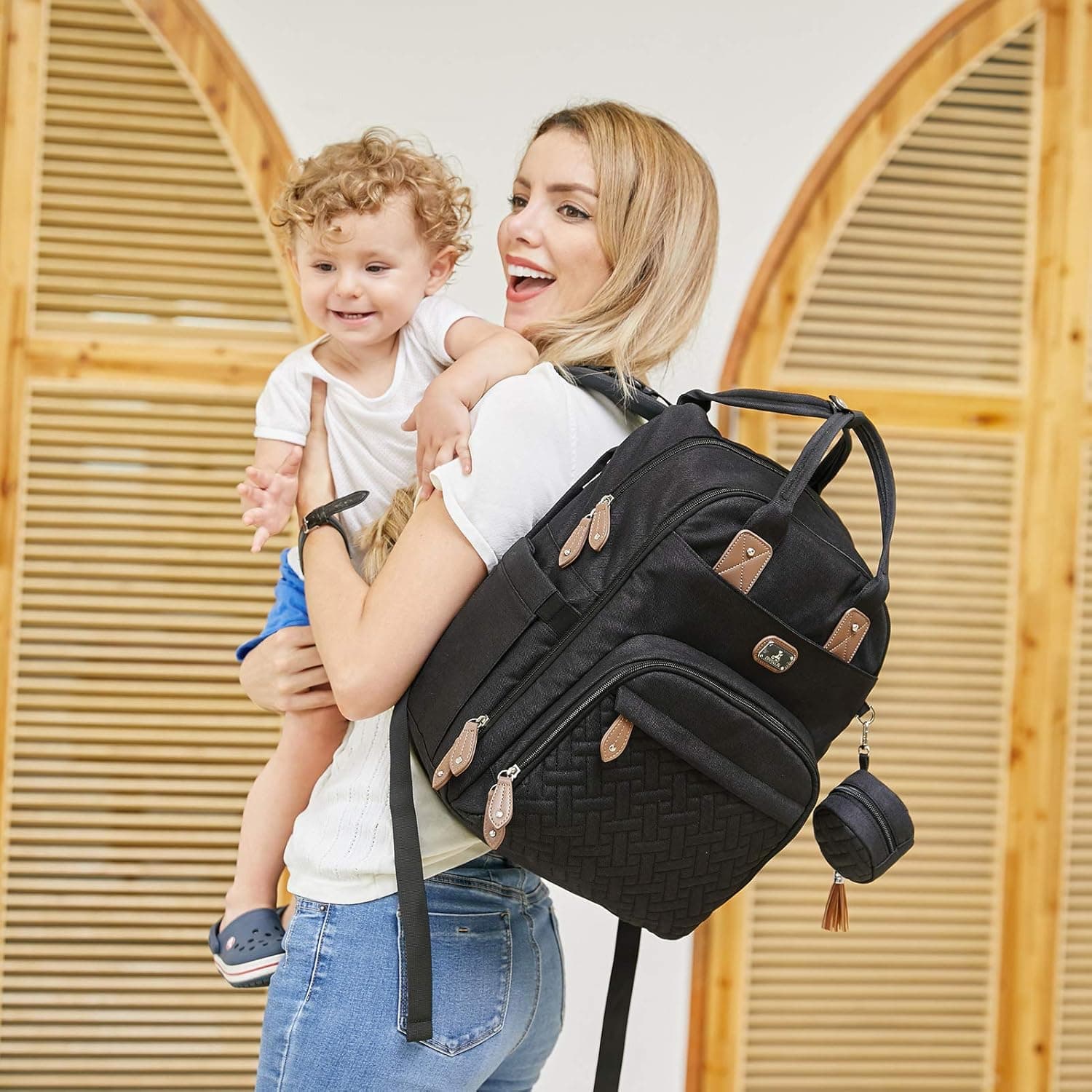 Dikaslon Sac a Langer Bebe, Sac à Langer à Dos Grande Capacité 18 Poches, Polysteer Déperlant, Tapis à Langer, Porte Tétine, Sangles Intégrées Poussette – Sorties Faciles