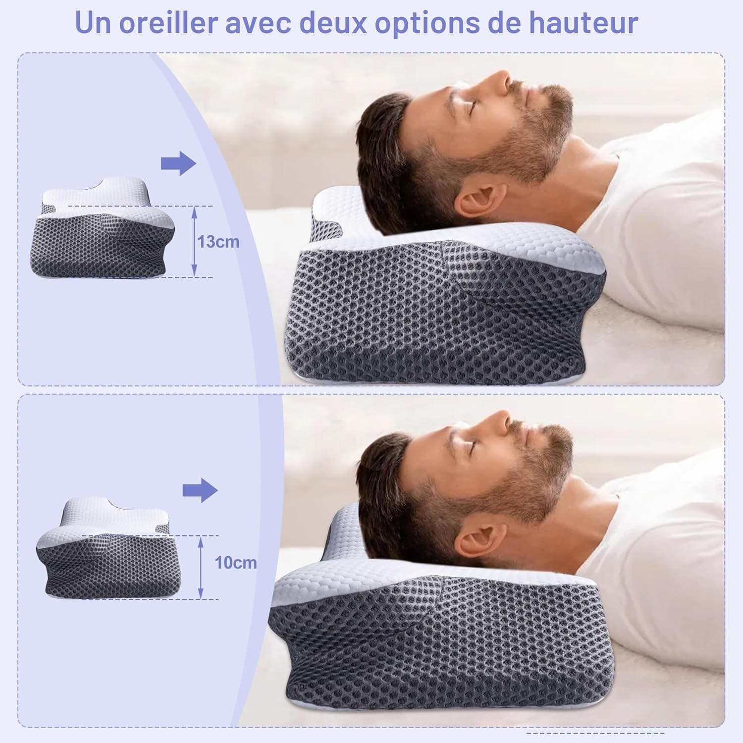 YunNasi Oreiller Ergonomique Cervical à Mémoire de Forme 60x34x13/10cm | Oreiller Orthopédique Cervicales Memory Foam pour Les Dormeurs sur Le Côté, Le Dos et Le Ventre Housse Déhoussable et Lavable