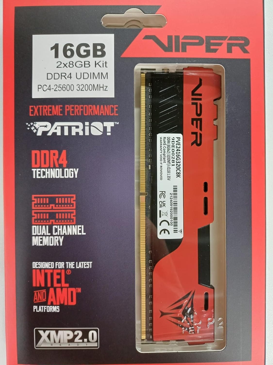Patriot Memory Viper Elite II DDR4 3200 16Go (2x8Go) C18 Mémoire RAM Haute Performance XMP 2.0 Noir/Rouge
