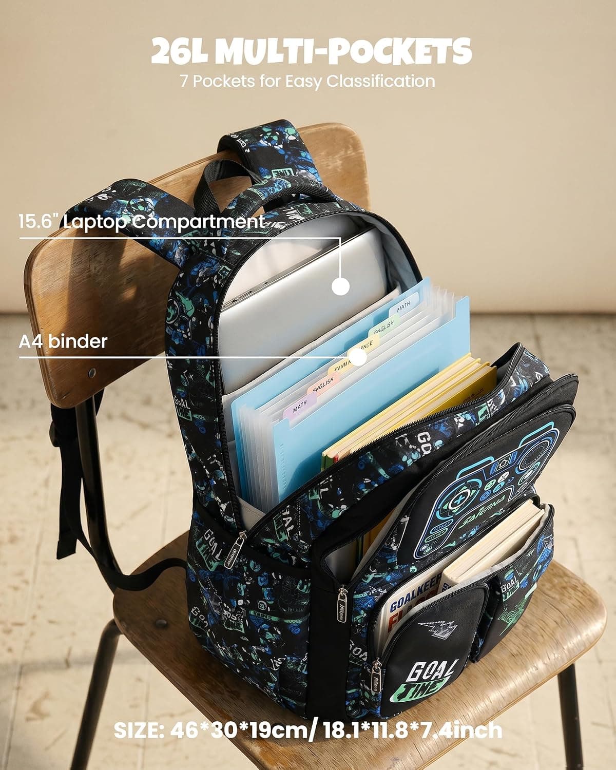 Amythe Cartable École Garçons Classes de 3 à 9 3 pièces Voyage Set, Noir | 3 pièces Grand Imperméable Bretelle Poitrine Compartiment Laptop Noir Daypack Multi-Poches Spacieux Robuste pour École