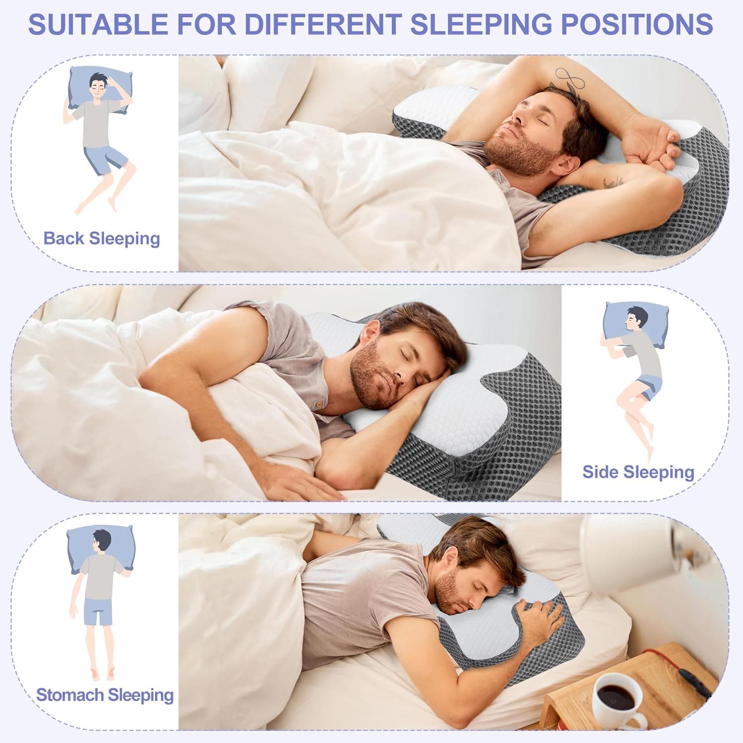 YunNasi Oreiller Ergonomique Cervical à Mémoire de Forme 60x34x13/10cm | Oreiller Orthopédique Cervicales Memory Foam pour Les Dormeurs sur Le Côté, Le Dos et Le Ventre Housse Déhoussable et Lavable