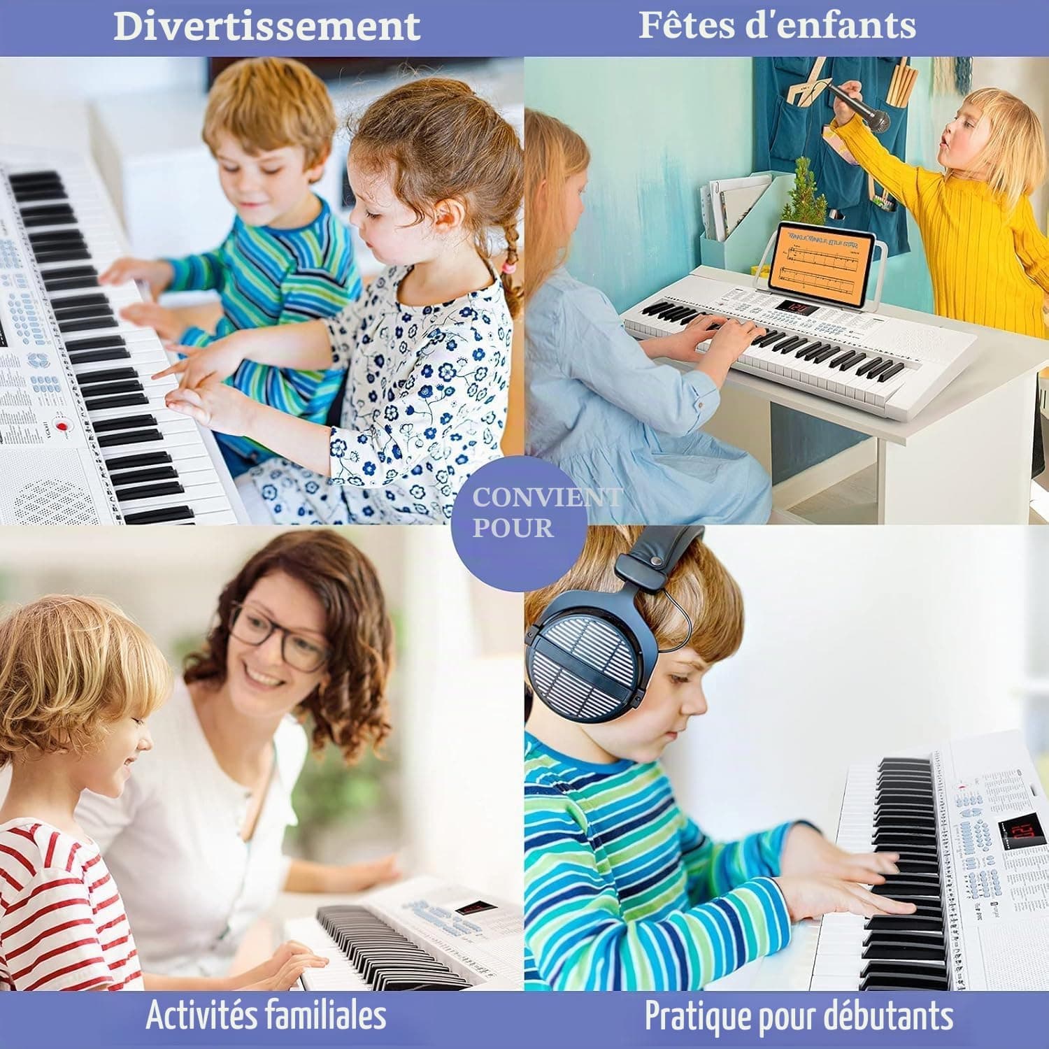 Vangoa Clavier de Piano 61 Lumineuses Mini touches Clavier électronique Piano avec microphone, 3 modes d'enseignement, 350 sons, 350 rythmes, 30 démos, Blanc